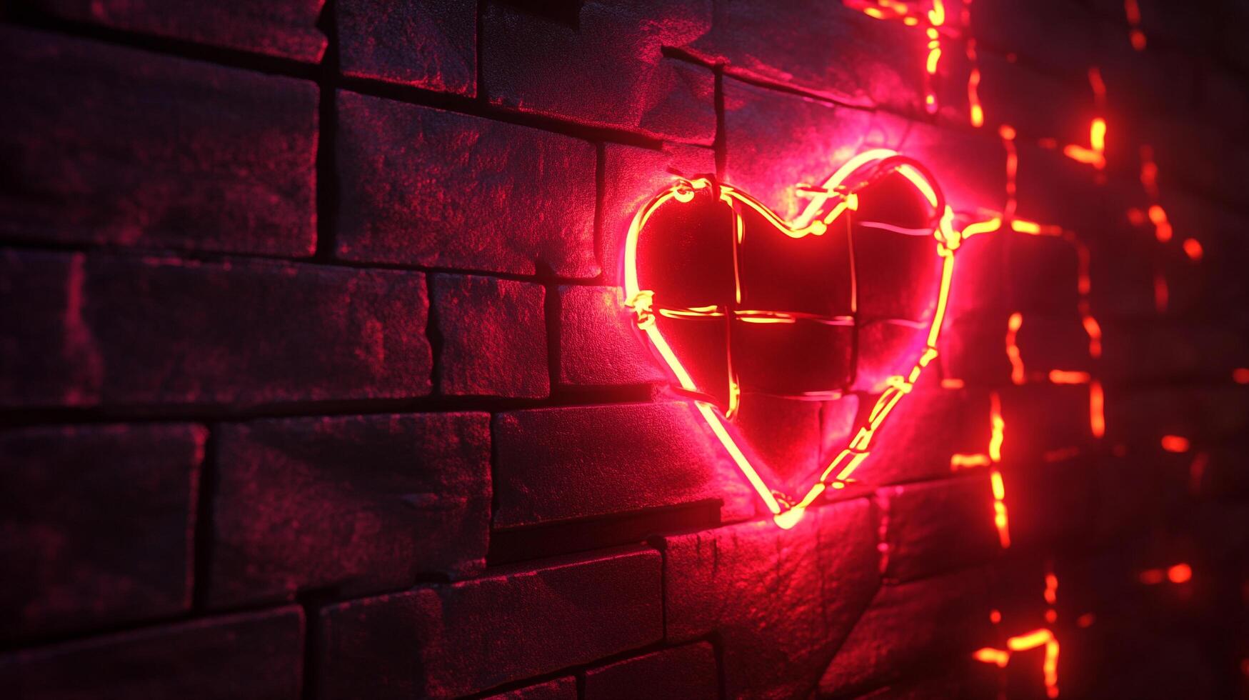 Glowing heart on a brick wall. The neon light shape creates a romantic feeling. Dark ambiance with a touch of love and brightness. photo