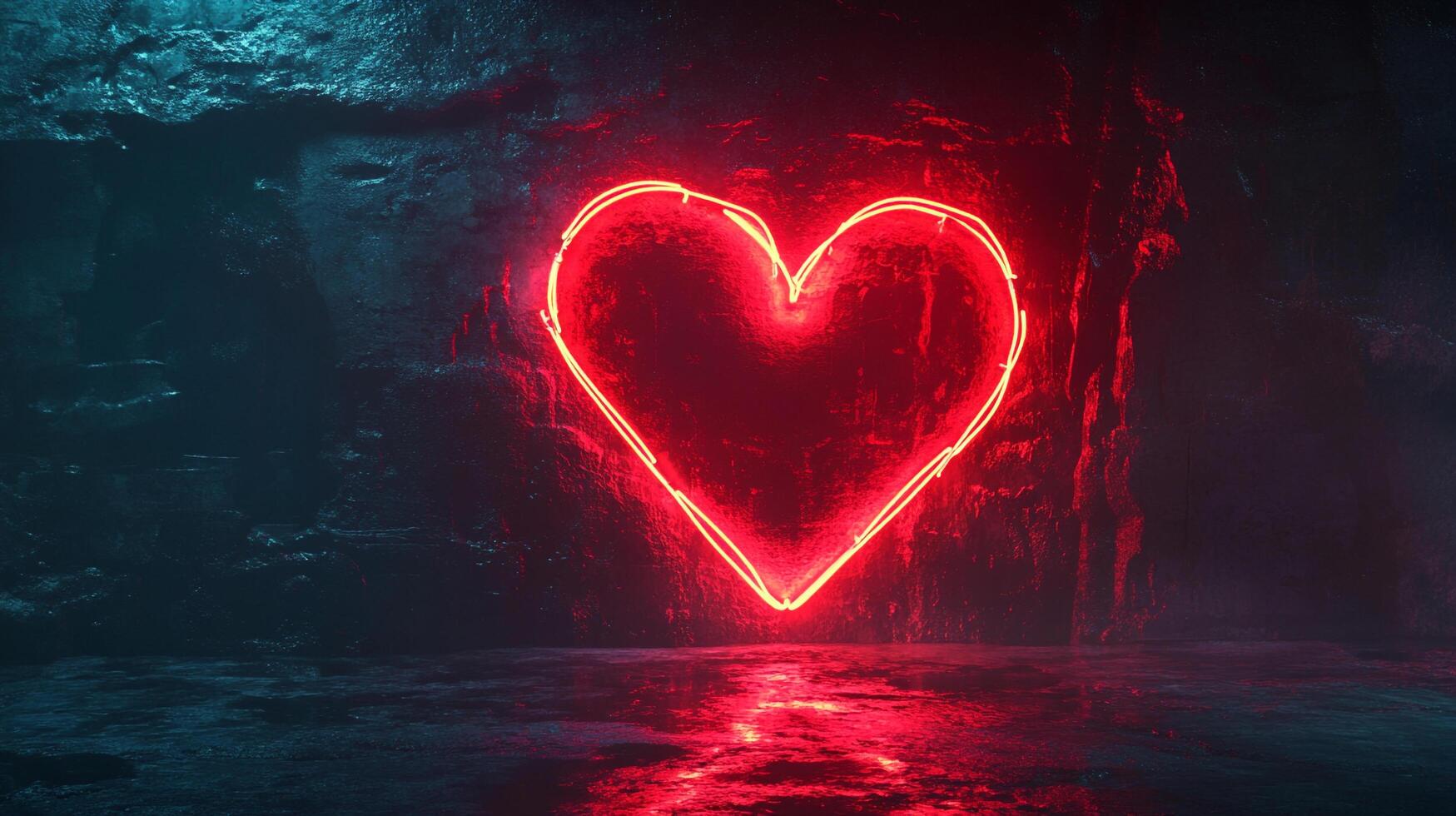 A bright red heart outlined in neon stands out against a rocky surface, reflecting in the water, symbolizing passion and raw emotion. photo