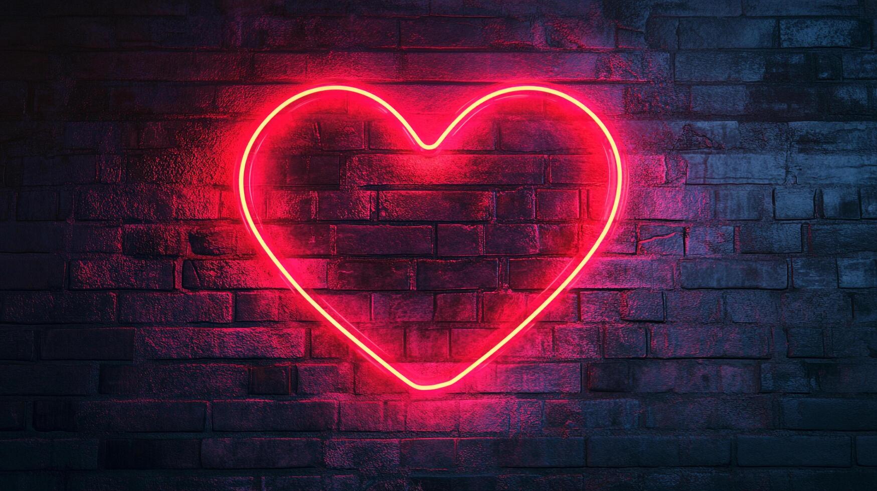 Radiant red heart neon sign mounted on a dark brick wall, symbolizing love and affection with a bright, modern glow and textured backdrop. photo