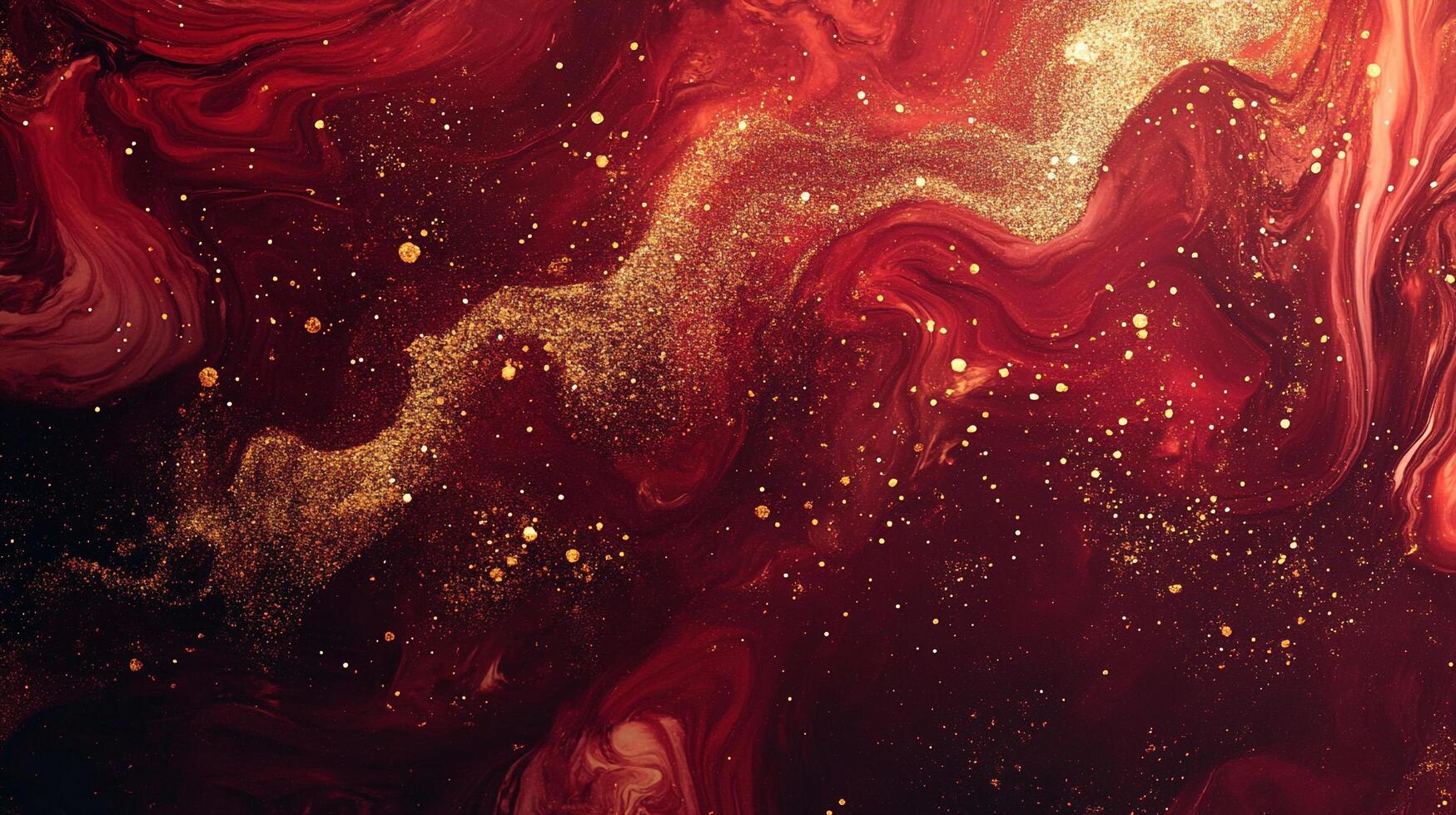 Whimsical red and gold abstract art, swirling with glitter and movement. The interplay creates a dramatic and luxurious feel. photo
