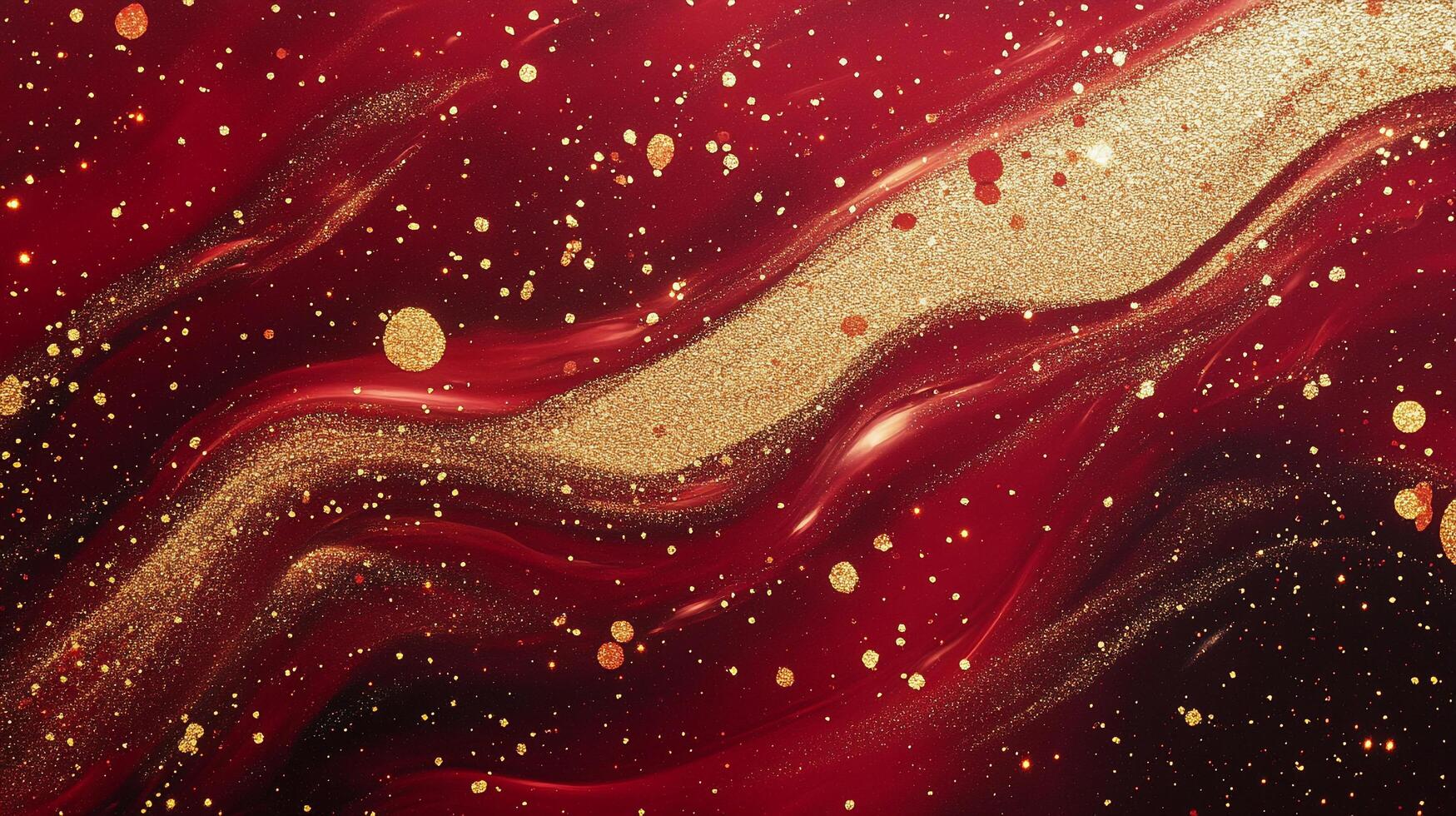 Swirling textures of red hues with gold accents, glittering sparkles and wave-like formations make this eye-catching fluid abstract. photo