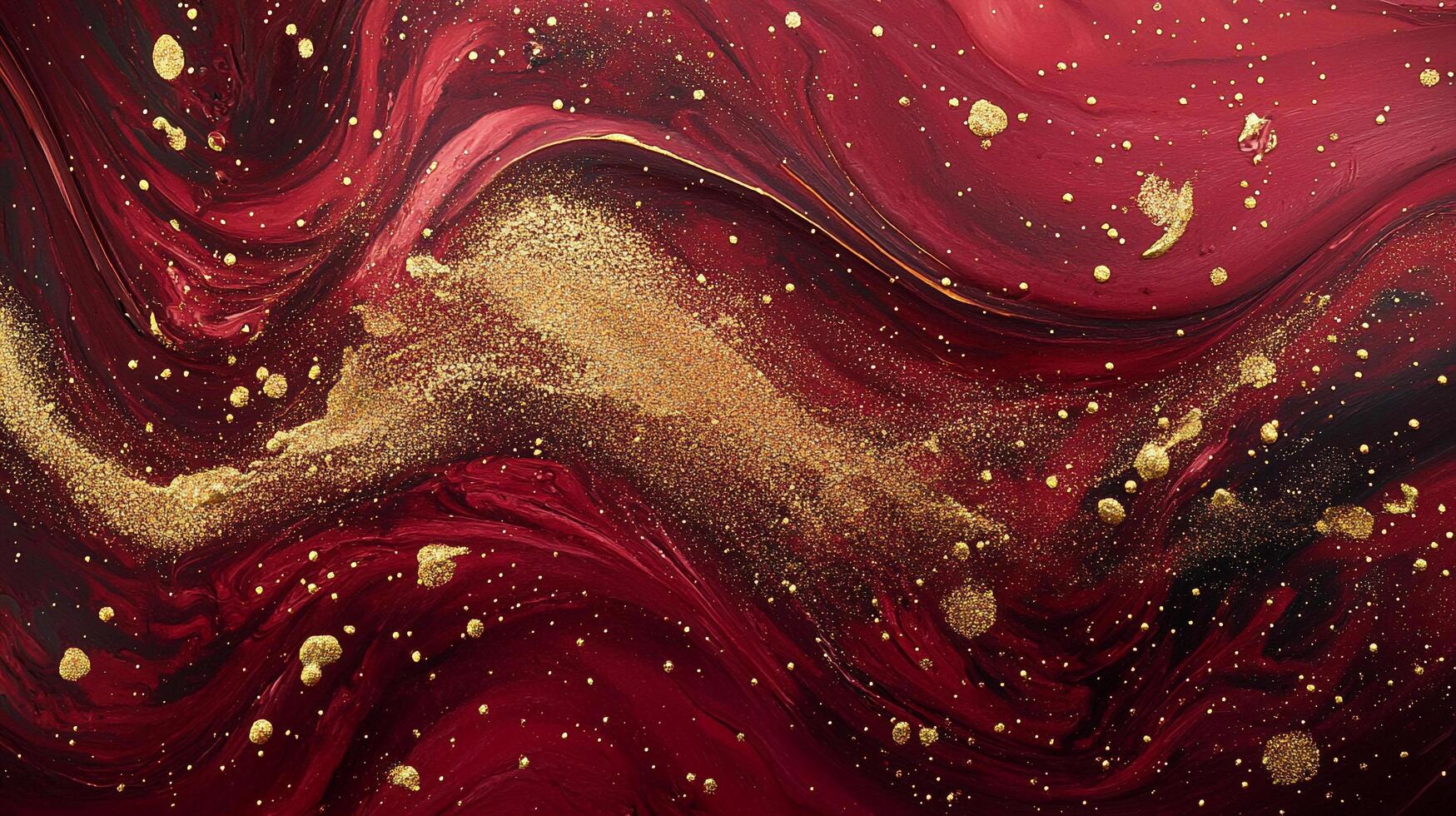 Abstract flowing art with dynamic swirls of crimson hues and golden specks creates a sense of swirling depths and richness. photo