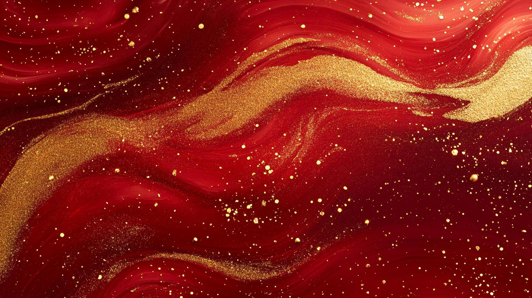 Abstract waves of red and gold create a visually stunning, textured backdrop. The fluid movement and shimmering particles evoke luxury. photo