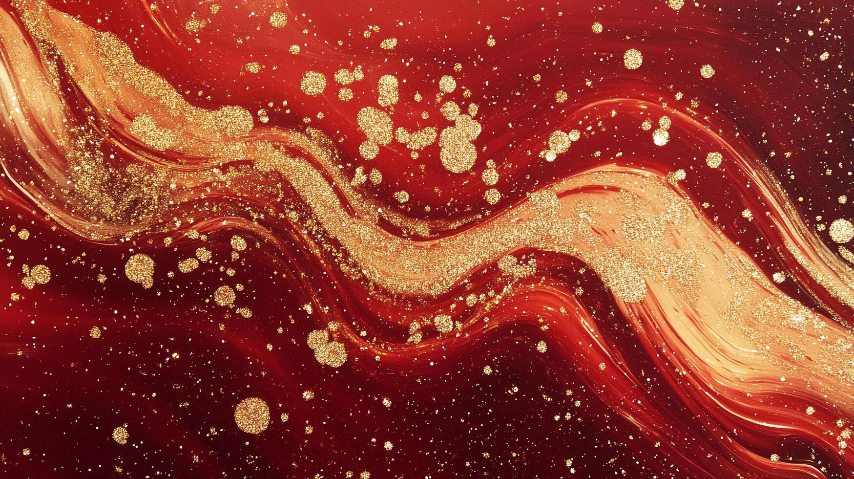 Abstract painting of a vibrant red background with streams of golden glitter particles, creating a luxurious, festive atmosphere. photo