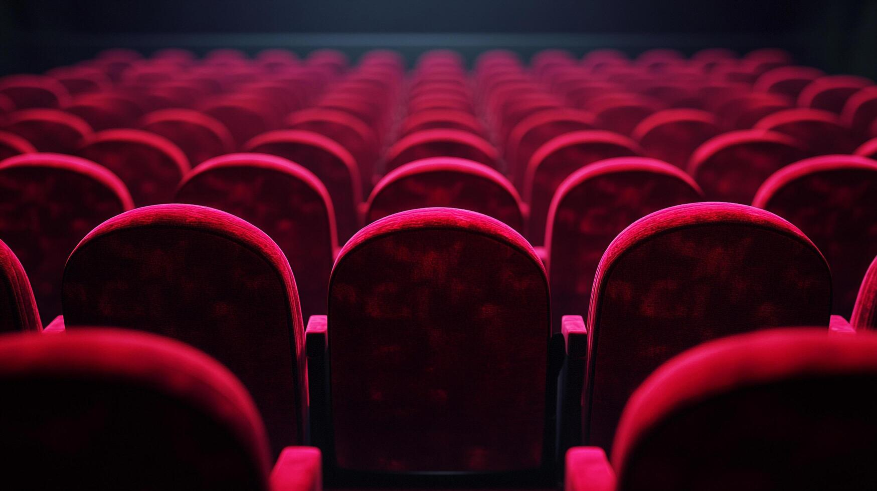 Rows of deep red velvet seats in a darkened theater setting, evocative of an anticipatory or nostalgic cinema experience. photo