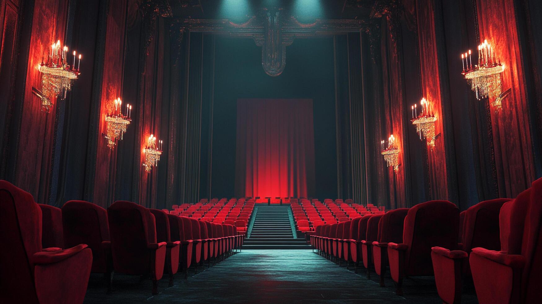 Grand theater with plush red seating, illuminated by ornate sconces and stage lights, creating an atmosphere of anticipation. photo