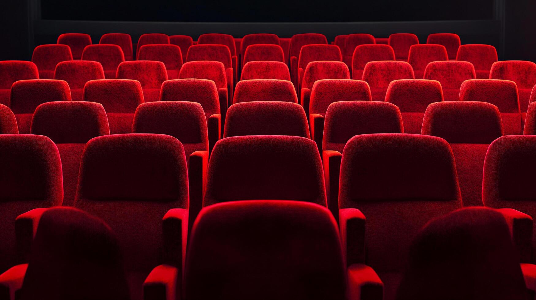 Rows of red plush seats in dim light, possibly in a theatre or auditorium. Awaiting audience, ready for a performance. photo