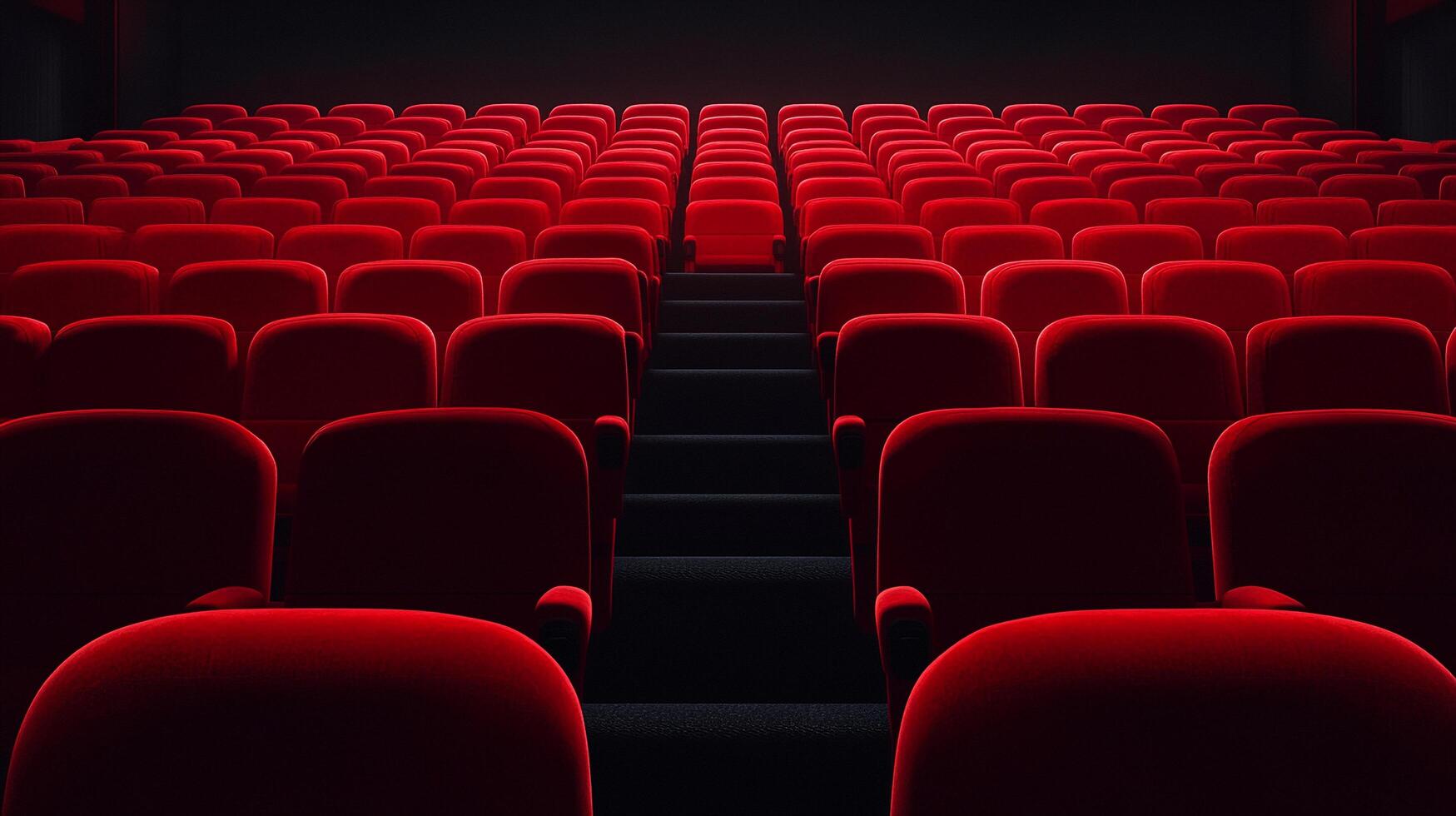 Rows of red velvet seats extend deep into a darkened theater, promising an immersive entertainment experience for the audience. photo
