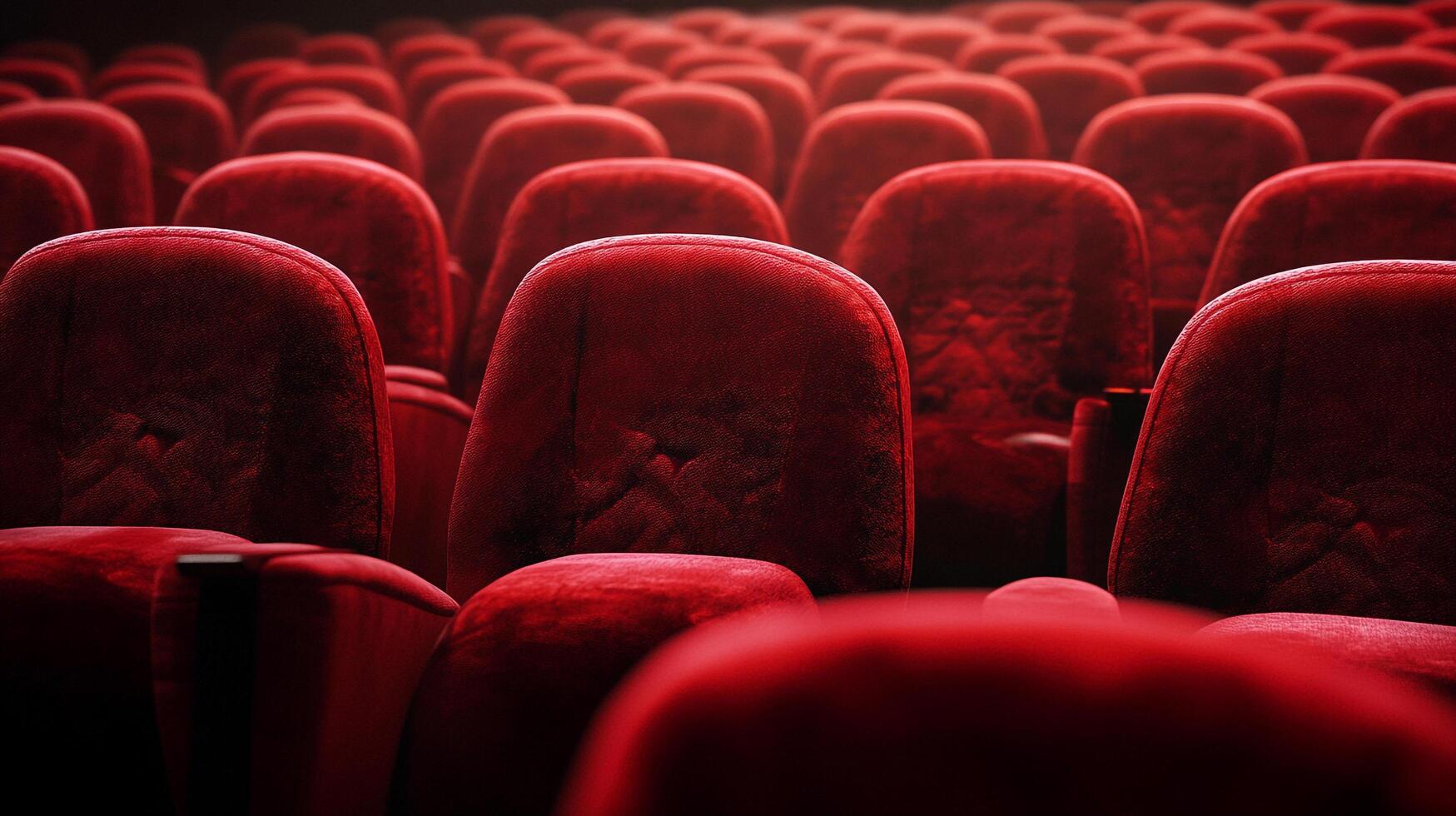Rows of plush, red velvet seats in a dimly lit theater, arranged in neat lines, awaiting an audience for a show or presentation. photo