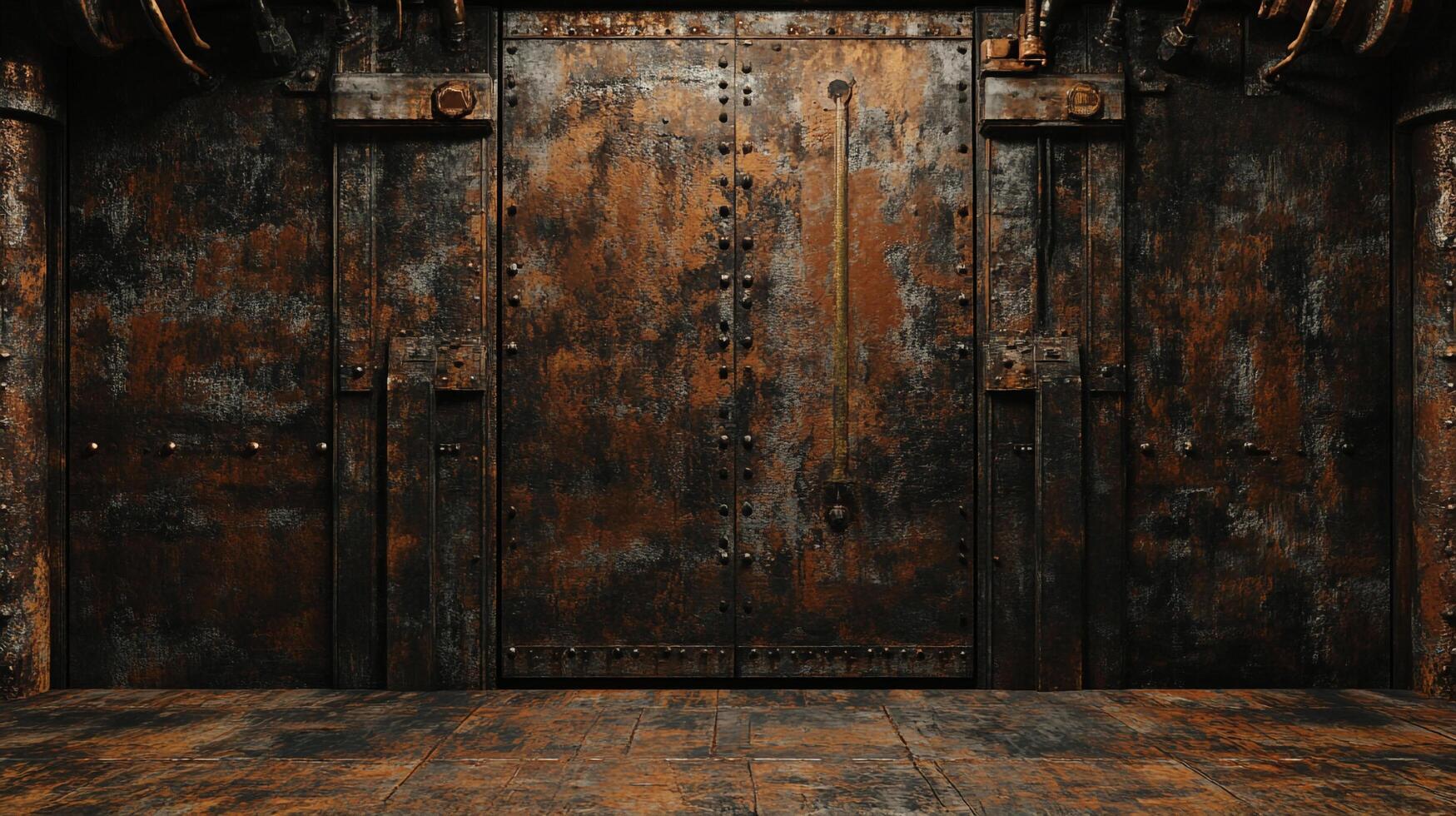 A pair of rusty iron doors with many rivets, framed by rusty columns and floor in this industrial setting. Aged metal and worn texture. photo