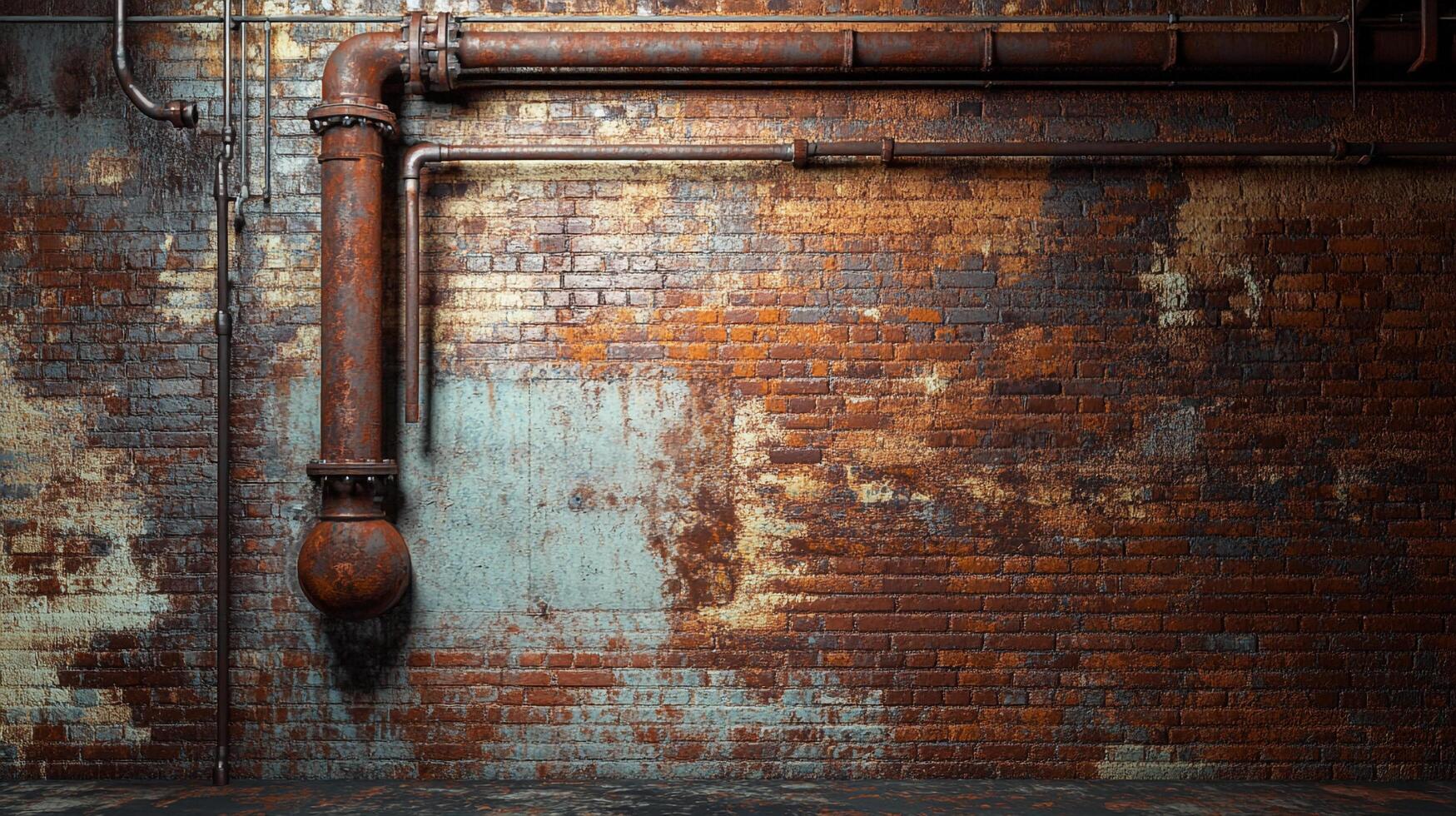 Grungy brick wall with rusted pipes creates an industrial decay aesthetic. Rich texture and dark tones evoke a sense of age and disrepair. photo