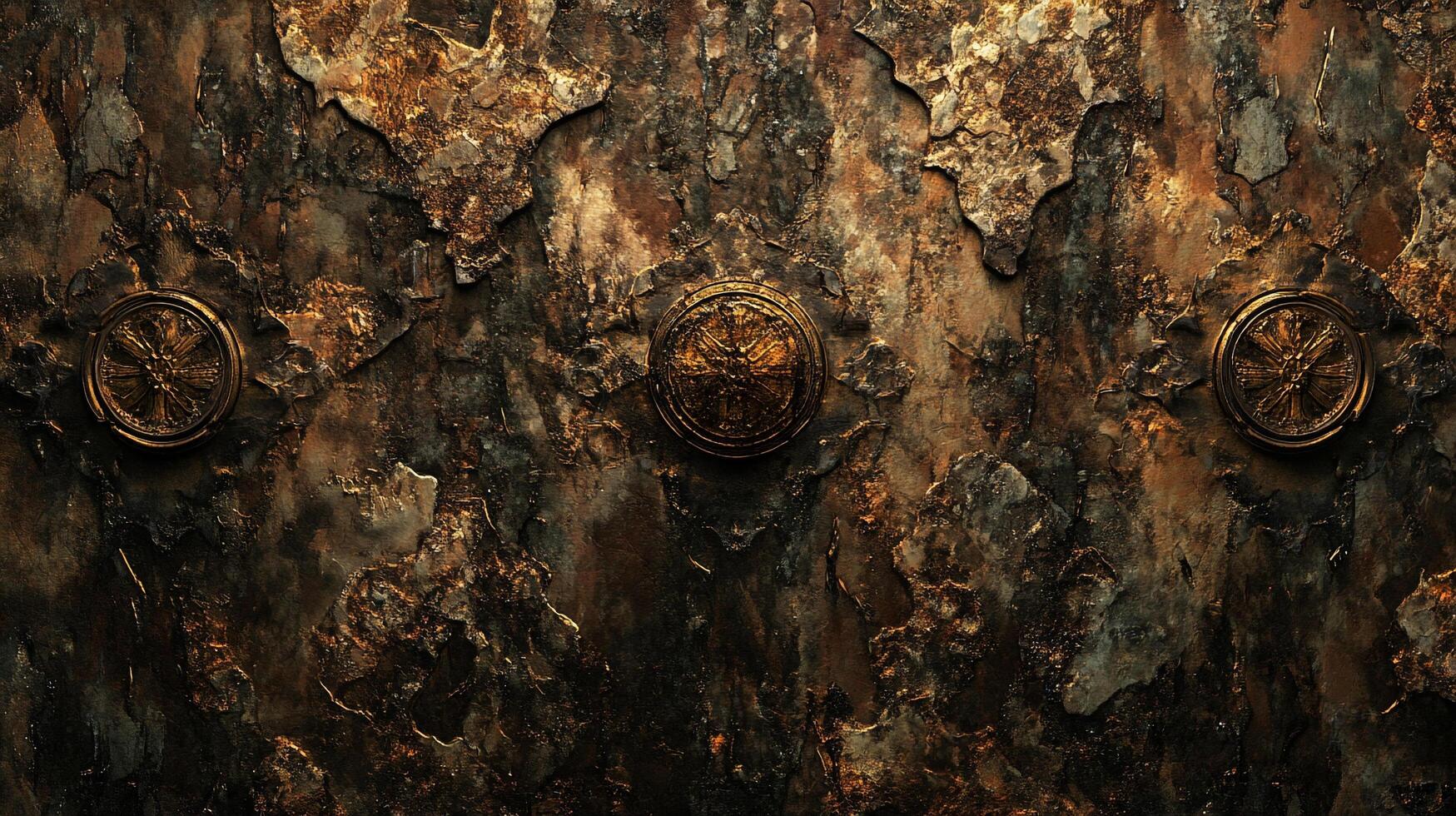 Earthy textured background with decorative circular motifs. Bronze and brown tones create a rustic, aged appearance. Abstract stone surface. photo