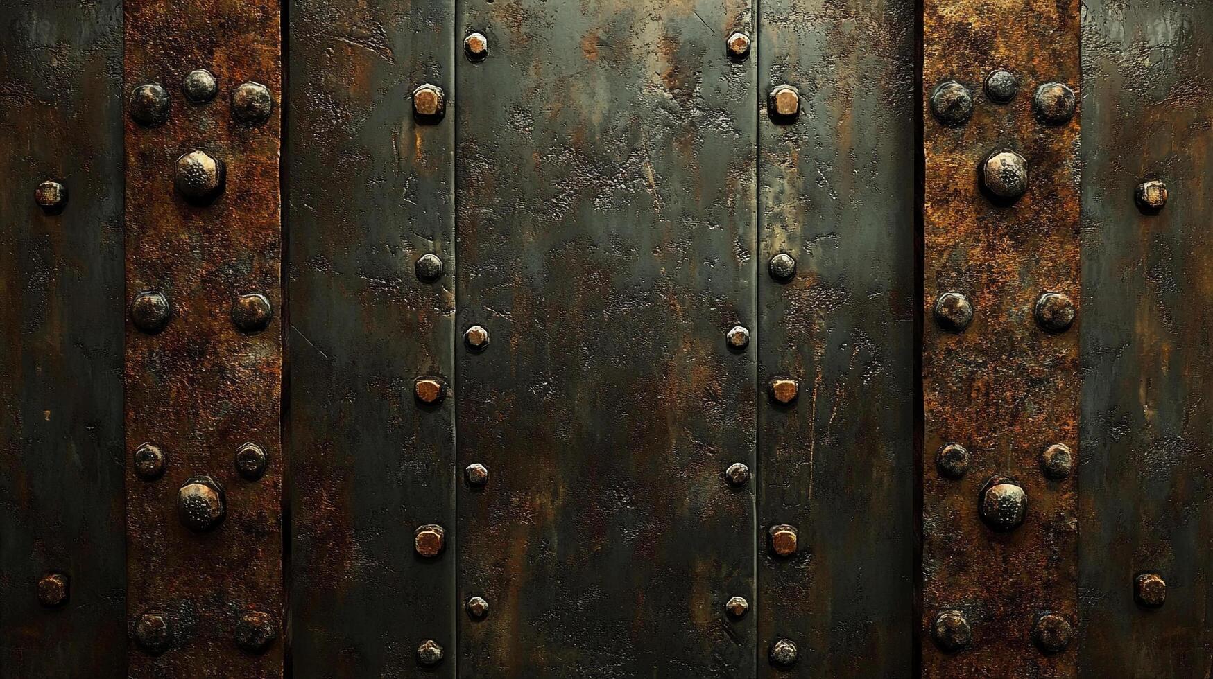 Rusty, weathered metal surface with bolts. Dark industrial texture background. Heavy, grunge design for vintage or steampunk themes. photo