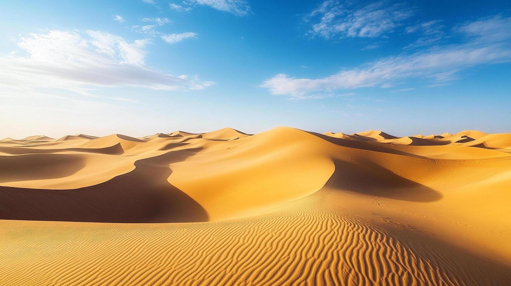 Golden sand dunes under a blue sky, with soft clouds adding depth to the desert landscape. A natural scenic beauty to behold. photo