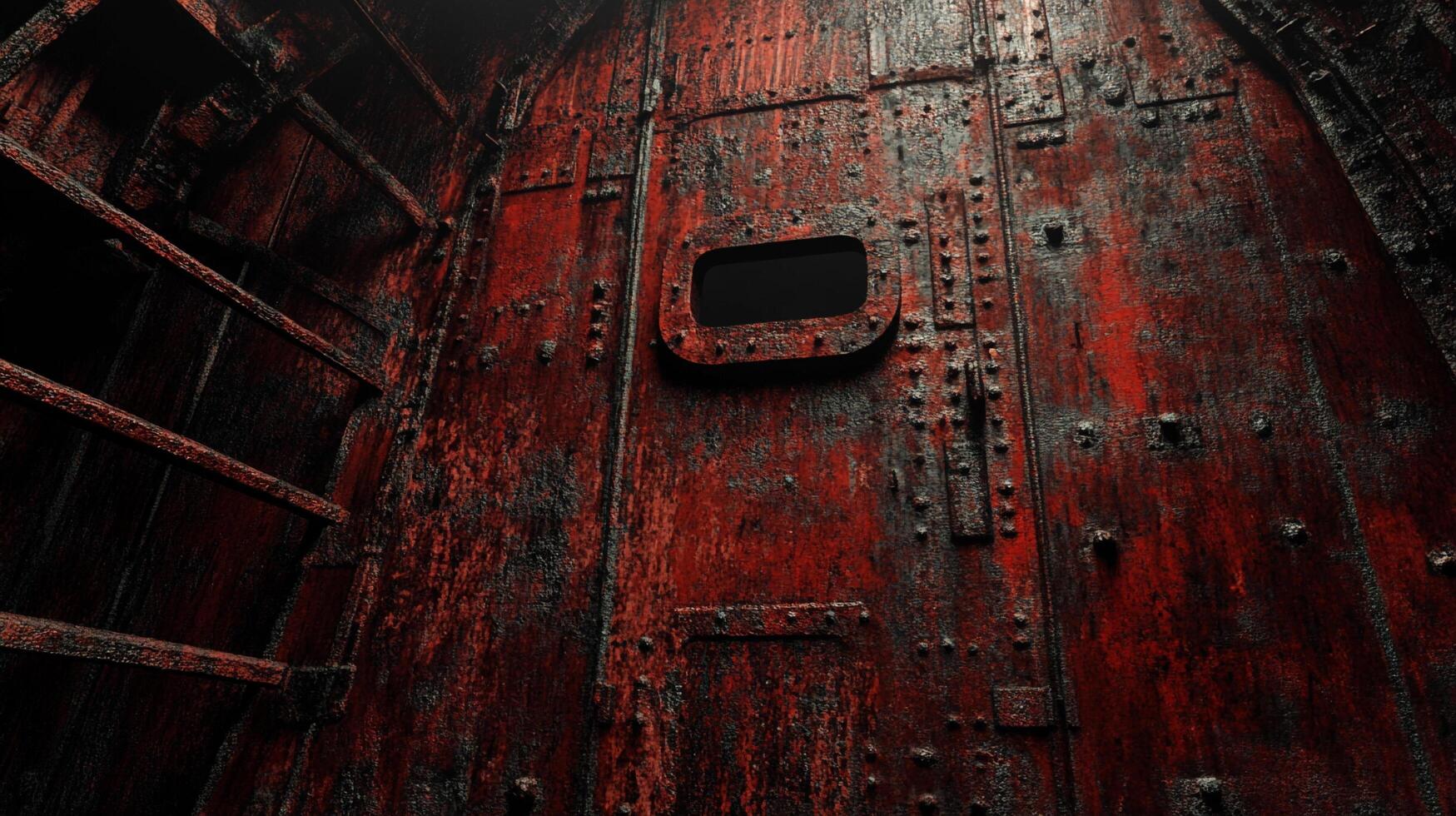 Distressed interior of an abandoned ship with heavily rusted metal walls, rivets, and a small square window. A ladder is visible. photo