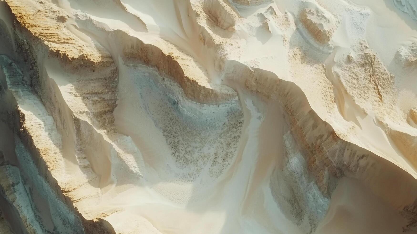 Abstract aerial shot of desert sand formations creating natural ridges and patterns in shades of beige, tan, and light blue. photo