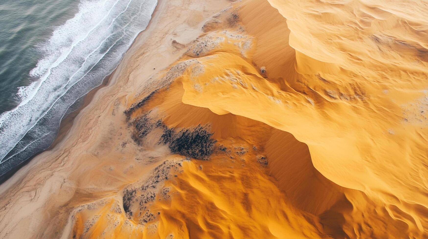 Aerial view of towering sand dunes meeting the ocean, creating a stunning contrast of arid desert and crashing waves. photo