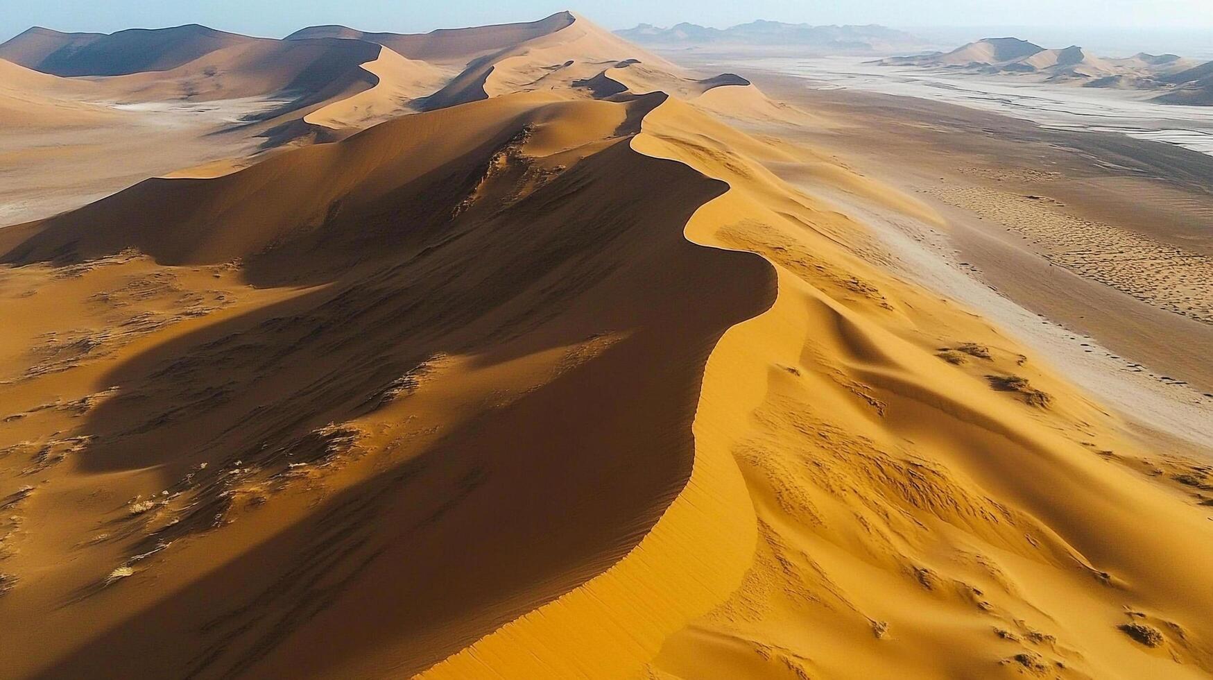 Sweeping sand dunes present a stark, beautiful desert landscape with wavy patterns etched into the dunes. The desert is dry and expansive. photo