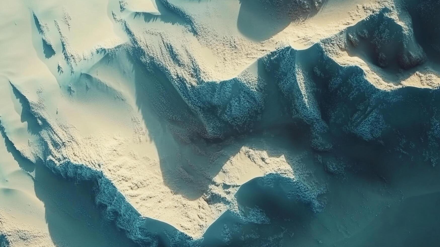 Abstract aerial view of coastal sands and the bordering sea, showing light and shadow interplay on the shifting landscape. photo