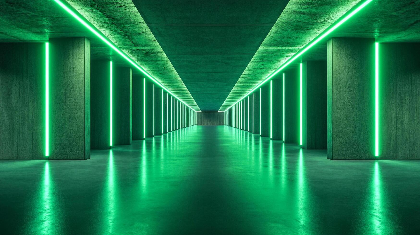 Abstract, architectural perspective of a long hall featuring bright green neon lights lining the walls and ceiling, creating a luminous pathway. photo