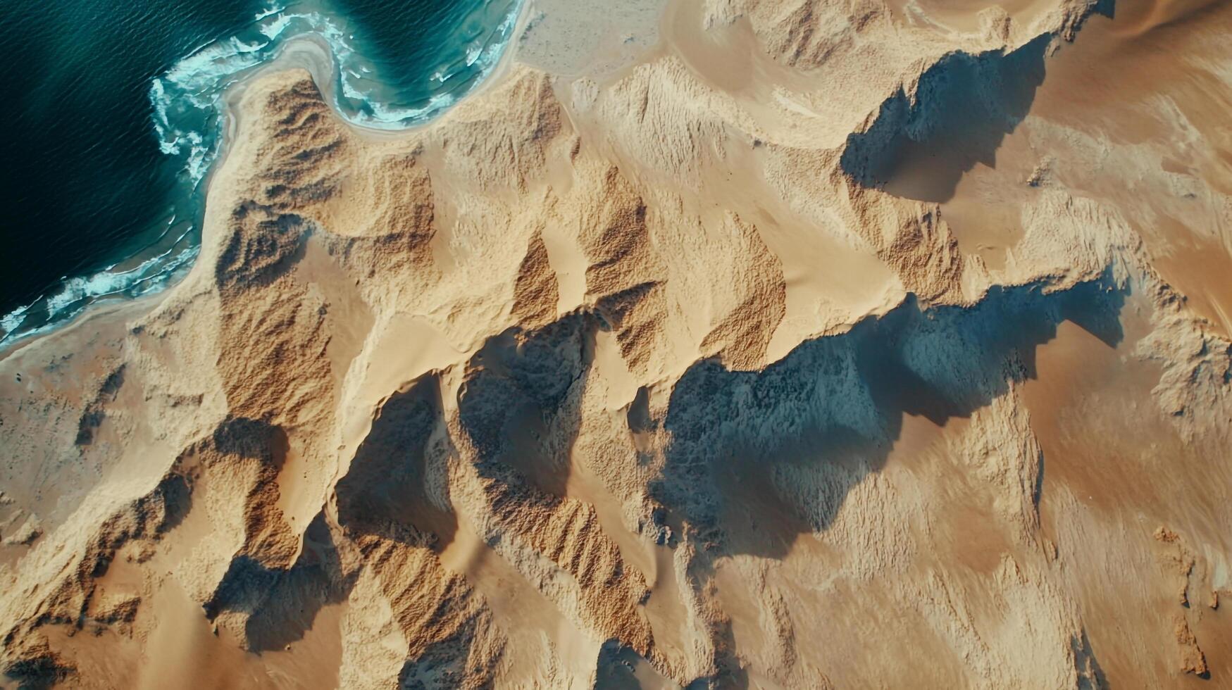 Aerial view of sand dunes meeting the ocean, showcasing nature's artistry in a coastal desert landscape. photo