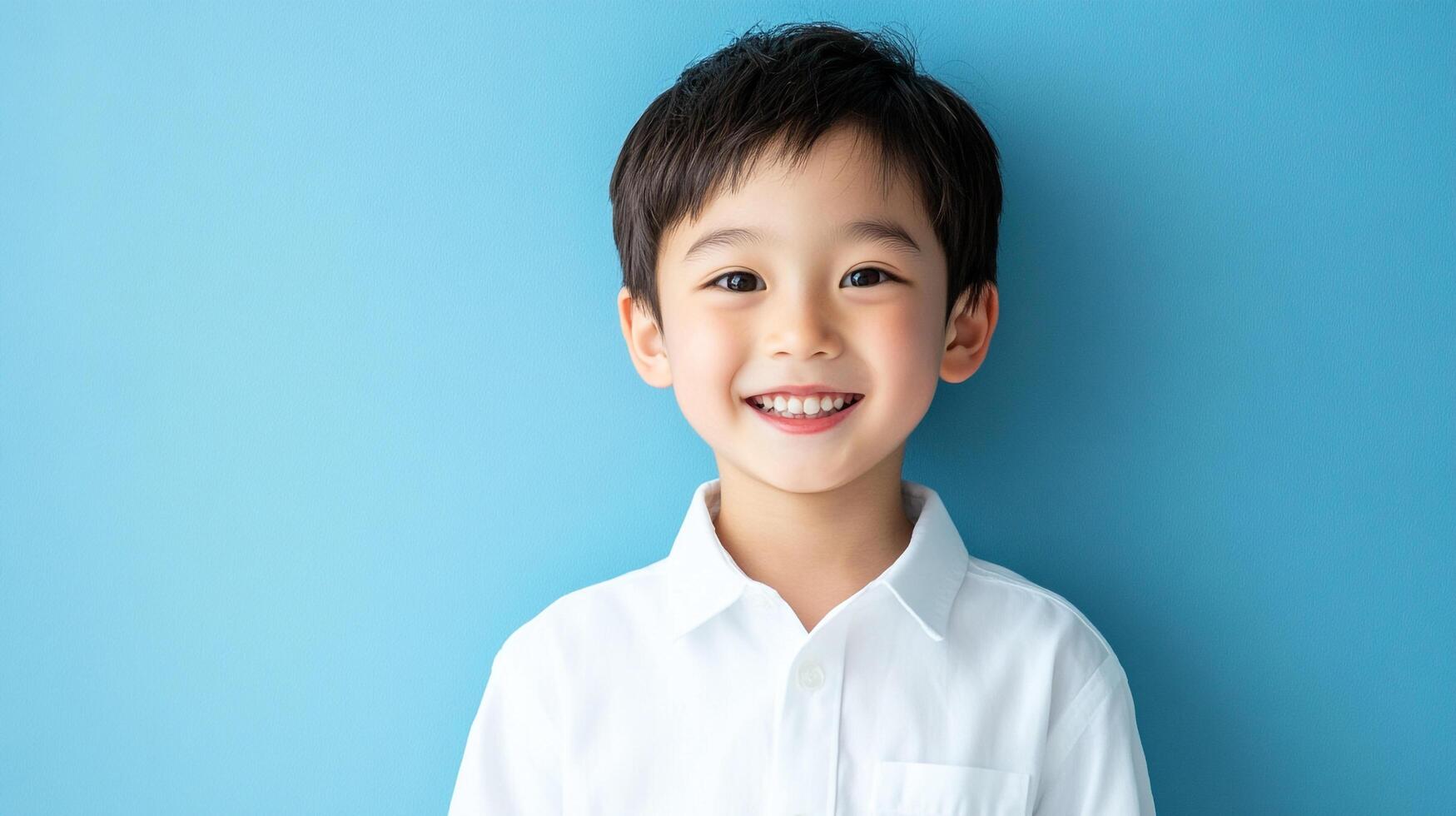 Smiling young boy against a bright blue background, dressed in a collared white shirt. He radiates youthful joy and confidence. photo