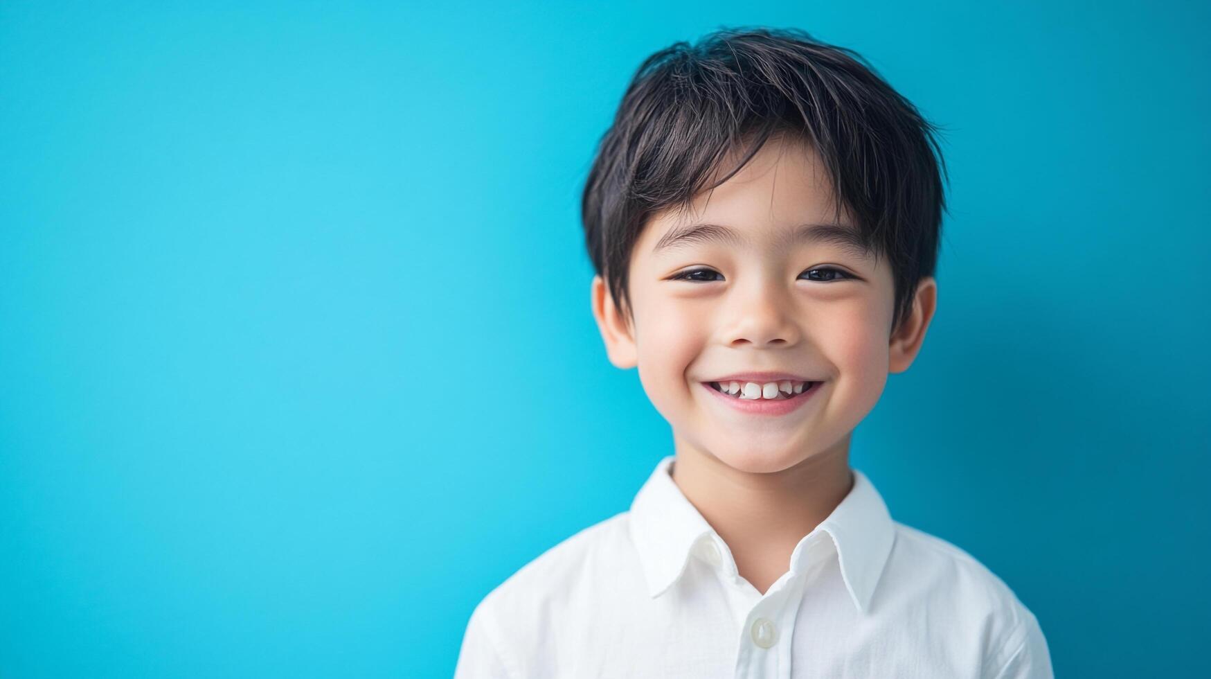 Joyful young boy with a bright smile, dressed in white against a vibrant blue backdrop radiating happiness and warmth in a studio shot. photo