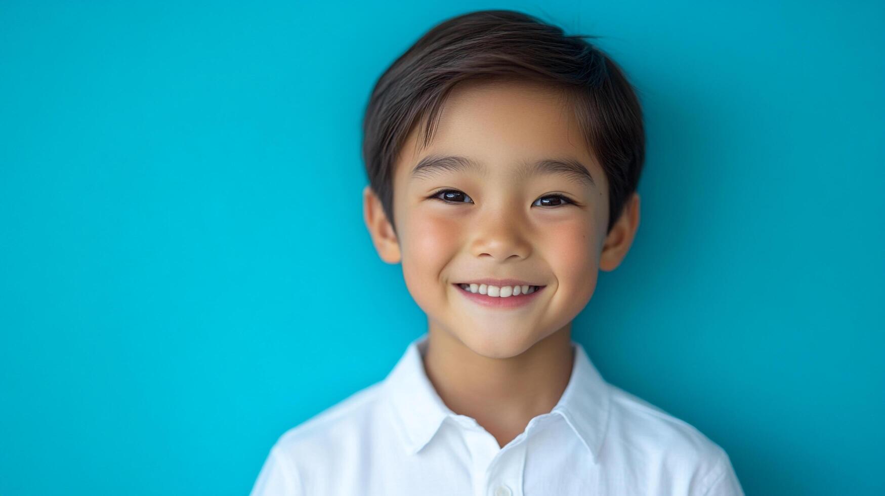 Portrait of a smiling child. Young boy in a white collared shirt against a vibrant blue background. Perfect for youthful, cheerful concepts. photo