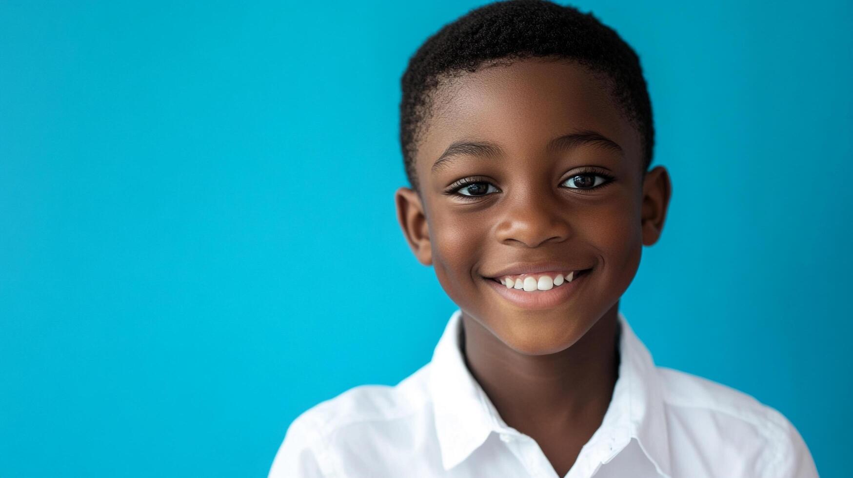 A charming young child radiates joy with a bright smile, set against a vibrant blue backdrop, showcasing pure innocence and happiness. photo