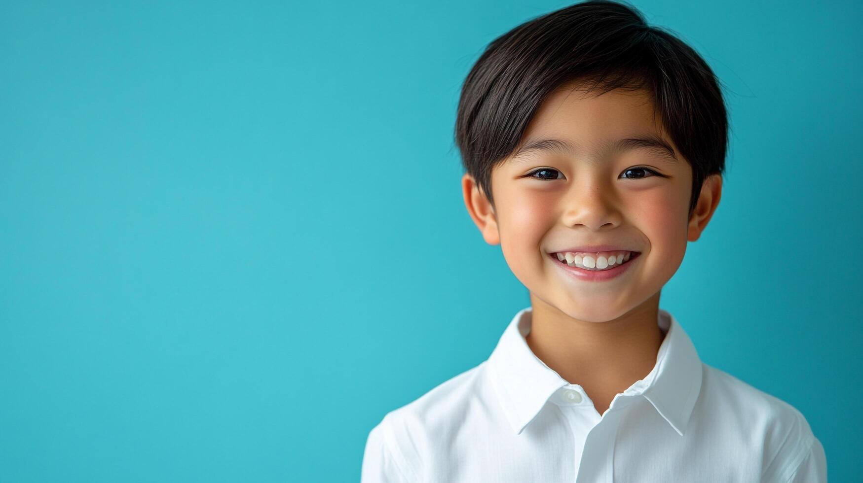 A cheerful young boy with a bright smile, radiating positivity against a vibrant turquoise background. His neat attire adds a touch of formality. photo