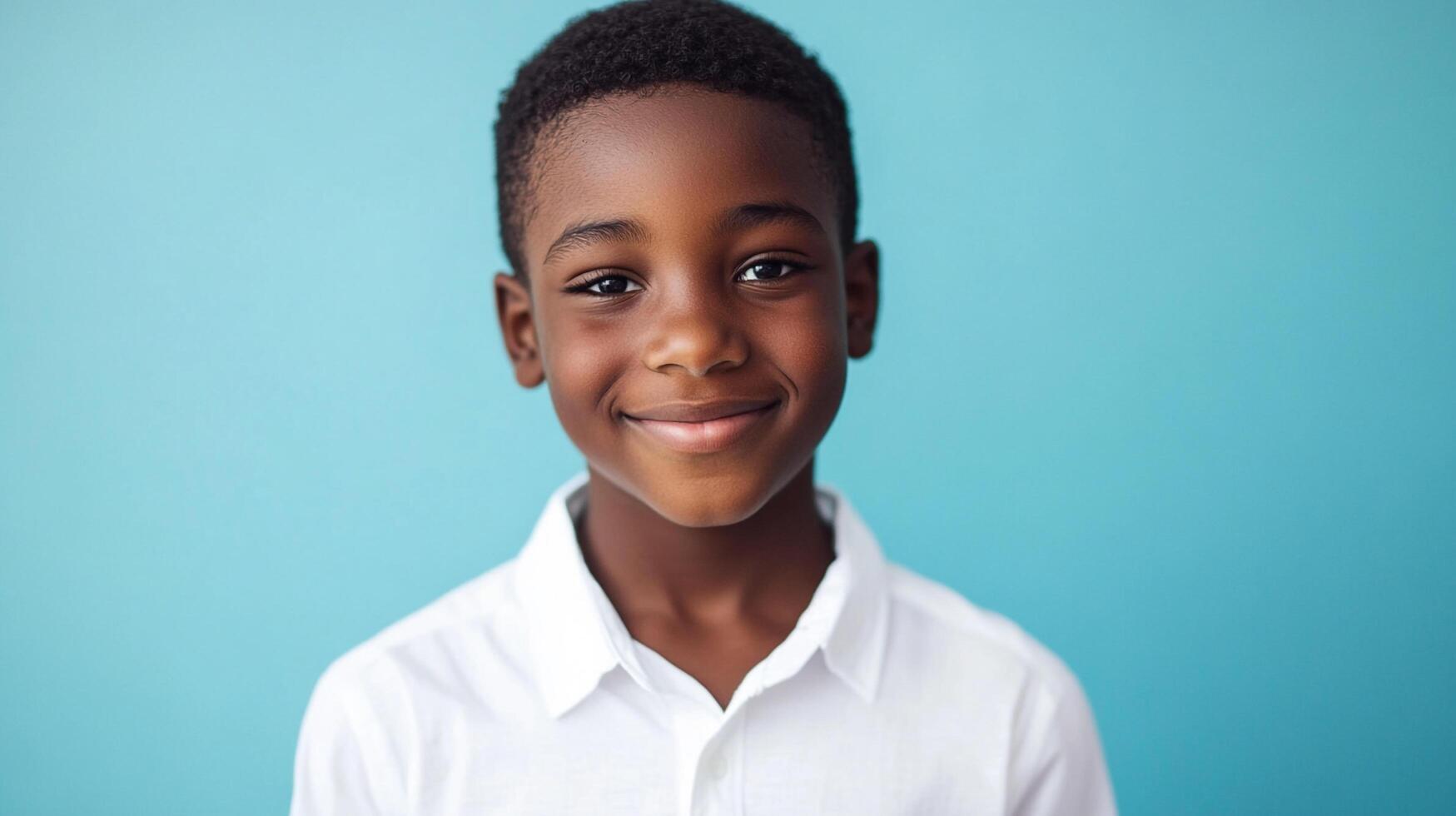 Portrait of a young boy with a gentle smile wearing a white collared shirt against a solid light blue background. Clean and inviting. photo
