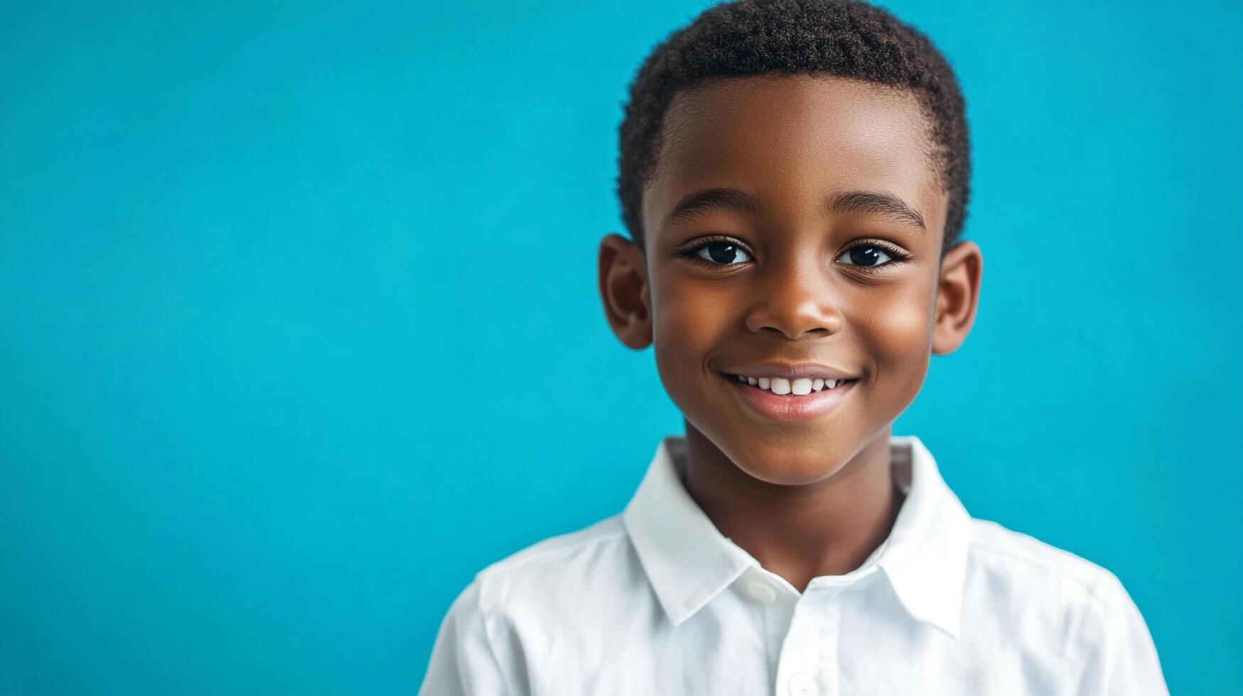 Young boy smiles brightly against a vibrant blue backdrop, exuding happiness and innocence. A charming portrait of youthful joy. photo