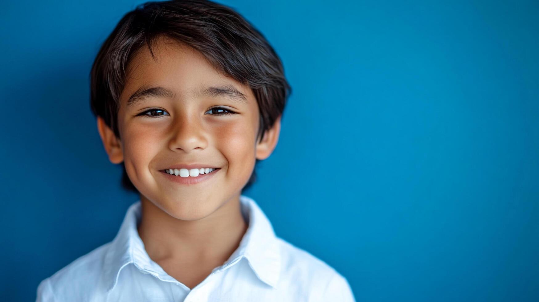 Portrait of a smiling boy in a white button-down shirt against a solid blue background, radiating joy and positivity. Young boy with a cute grin. photo