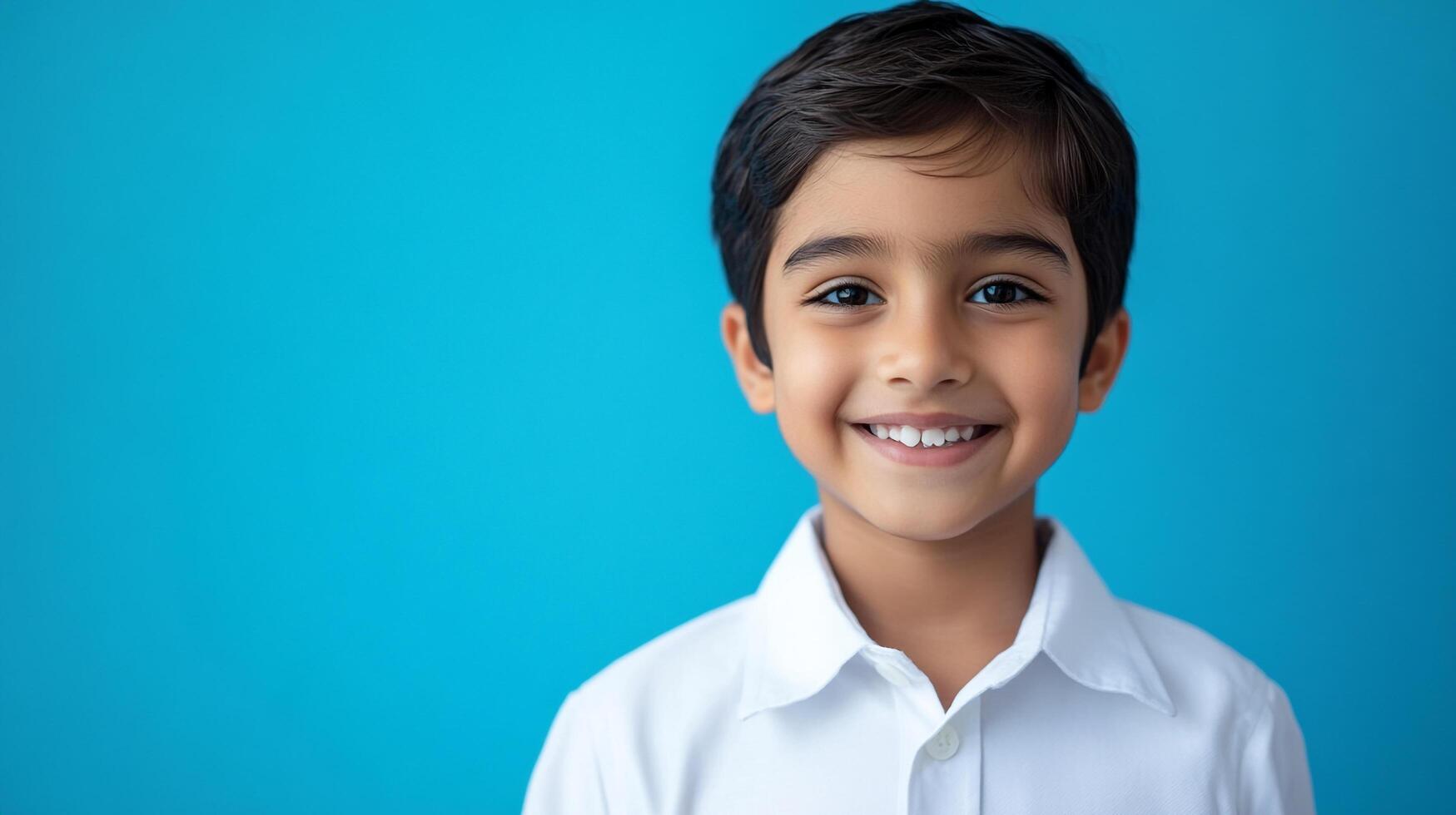 Bright-eyed boy with a warm smile posing against a blue background, radiating joy and confidence. He's dressed in a crisp, white shirt. photo