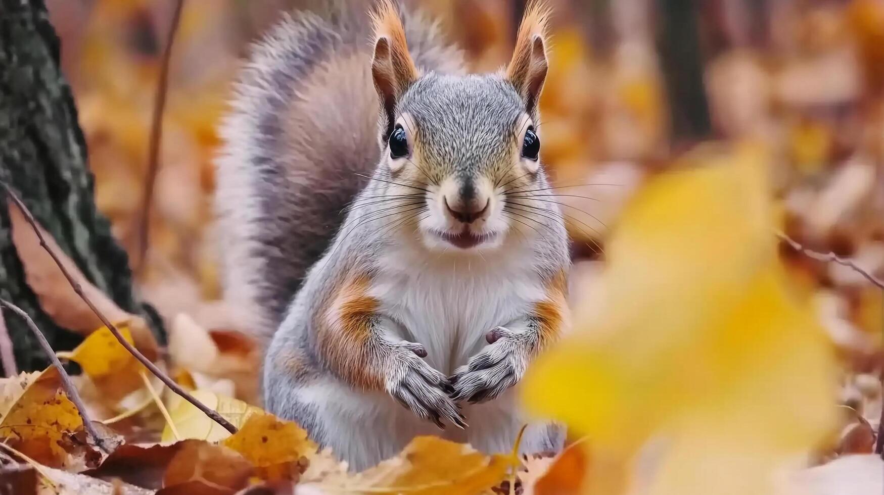 Squirrel poses in fallen leaves, its fluffy tail and keen eyes capturing the essence of autumn. Natural charm in the forest habitat. photo