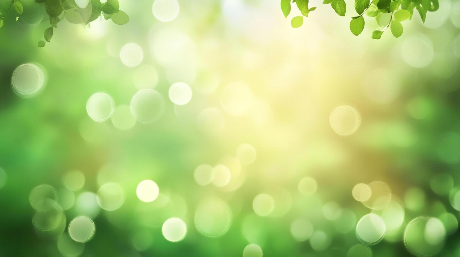 Lush green bokeh with leaves in the corner, capturing the essence of spring and nature's gentle beauty in an abstract ethereal style. photo
