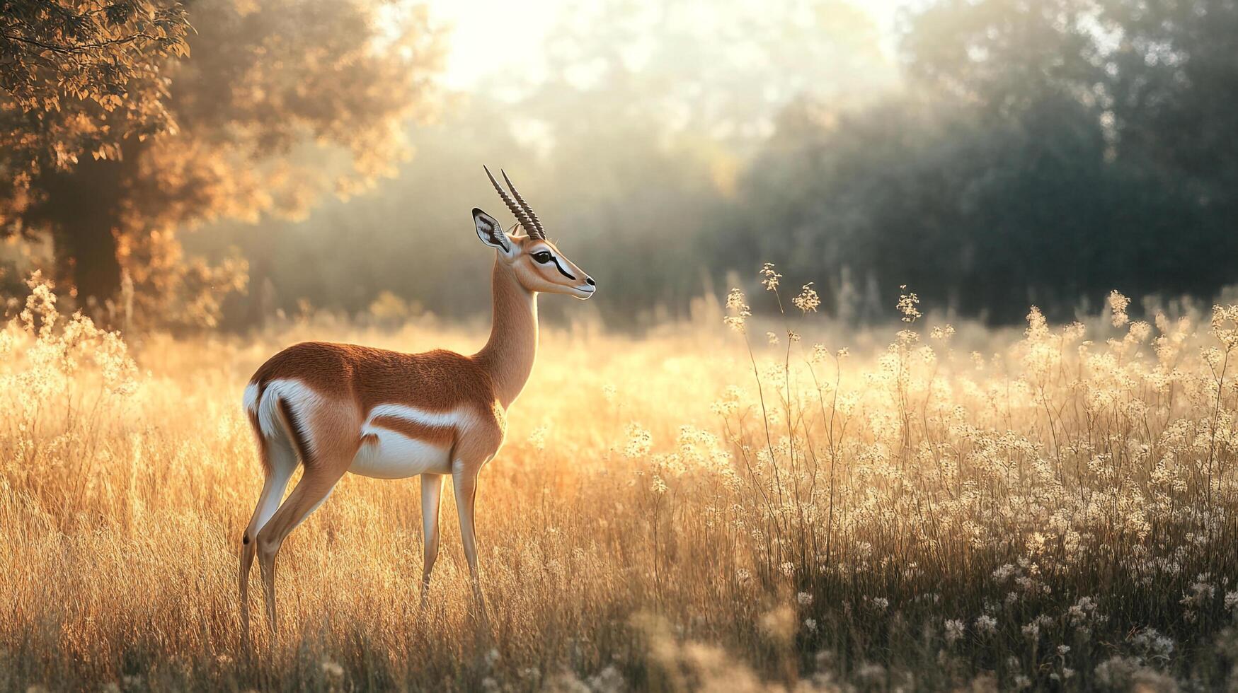 Graceful antelope stands in a sunlit meadow, its horns reaching toward the sky, a picture of wild beauty in a natural habitat. photo