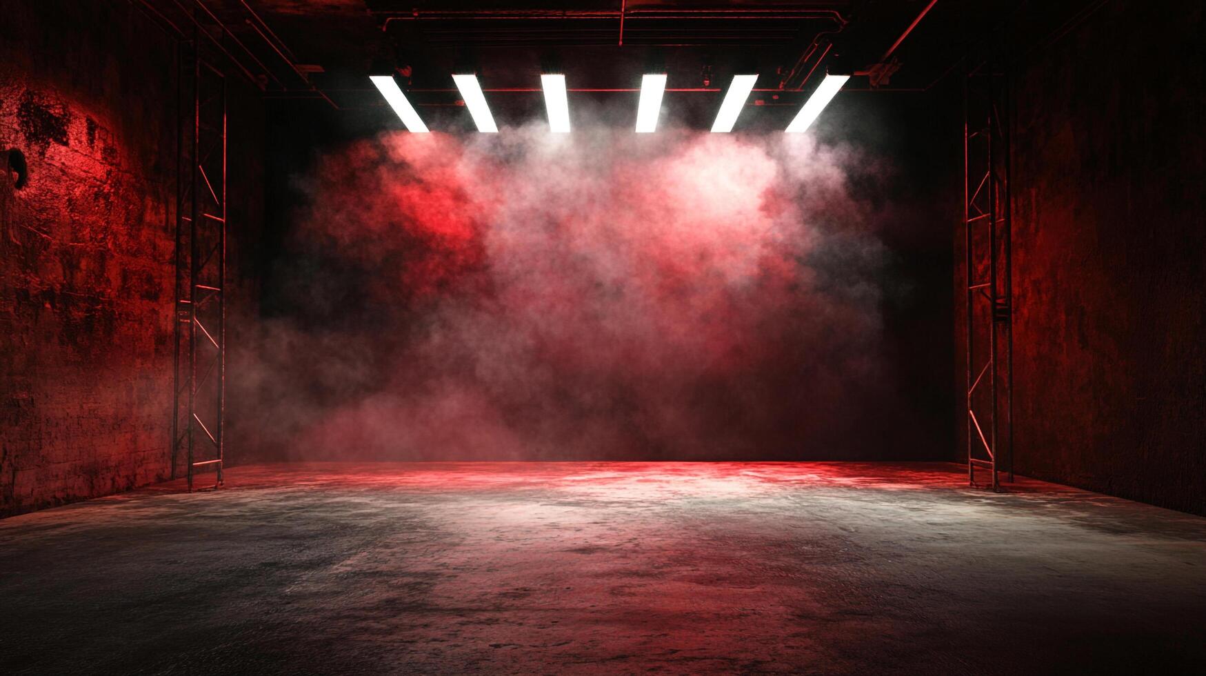 Illuminated stage shrouded in red mist, creates a captivating atmosphere. Lights accentuate the scene, highlighting the floor's texture. photo