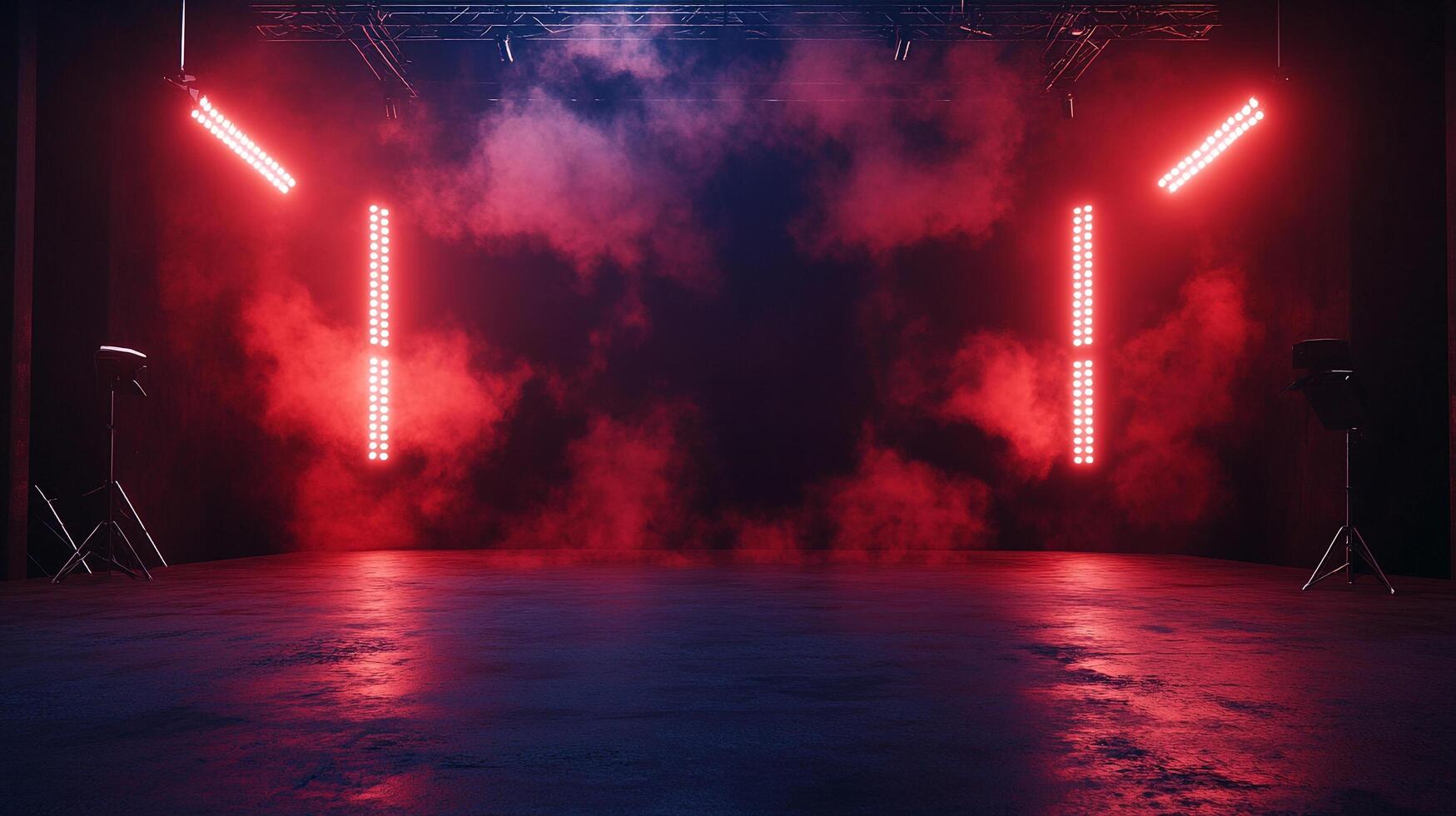 Moody stage with atmospheric lighting and haze, casting dramatic shadows, ideal for performance or event backdrops. photo