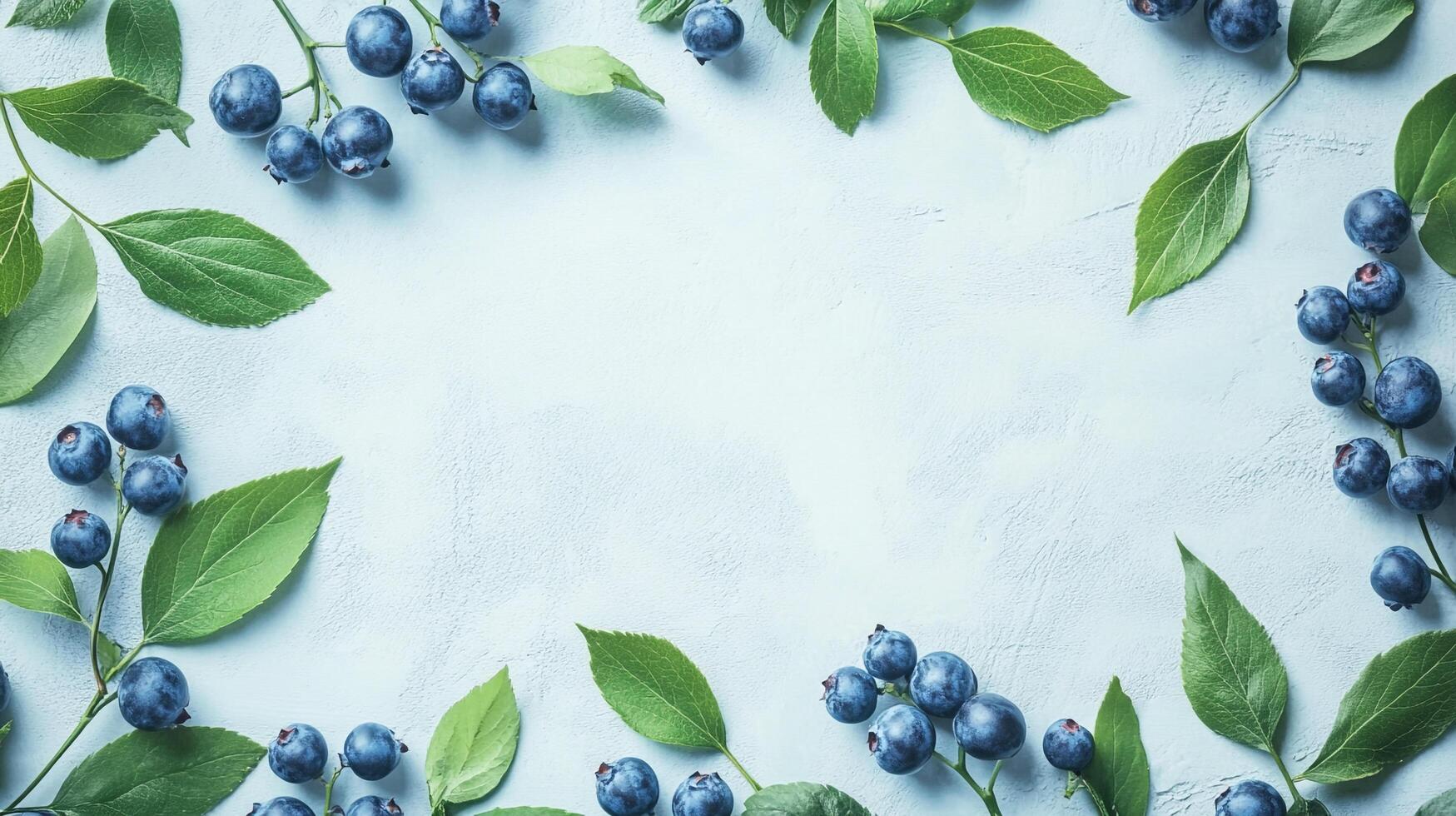 Fresh blueberries and green leaves arranged artfully around a light blue surface, creating a natural frame. photo