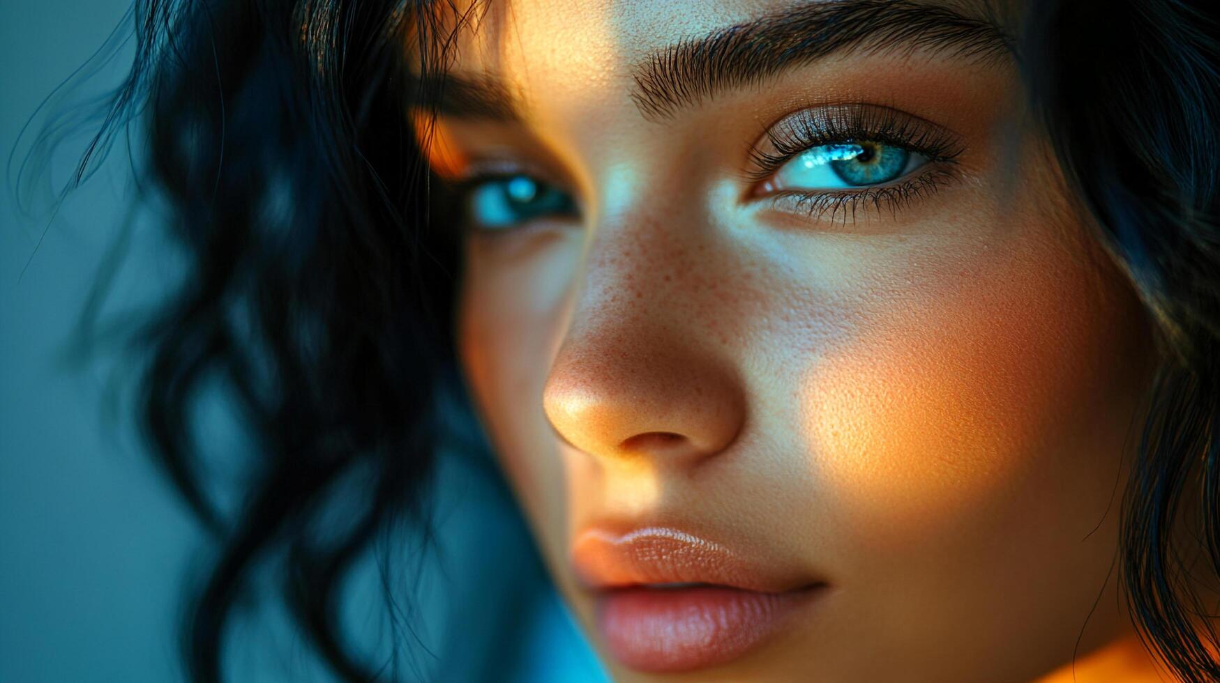 Intense gaze of a woman with striking blue eyes, illuminated by a vibrant glow. She is the picture of beauty and poise. photo