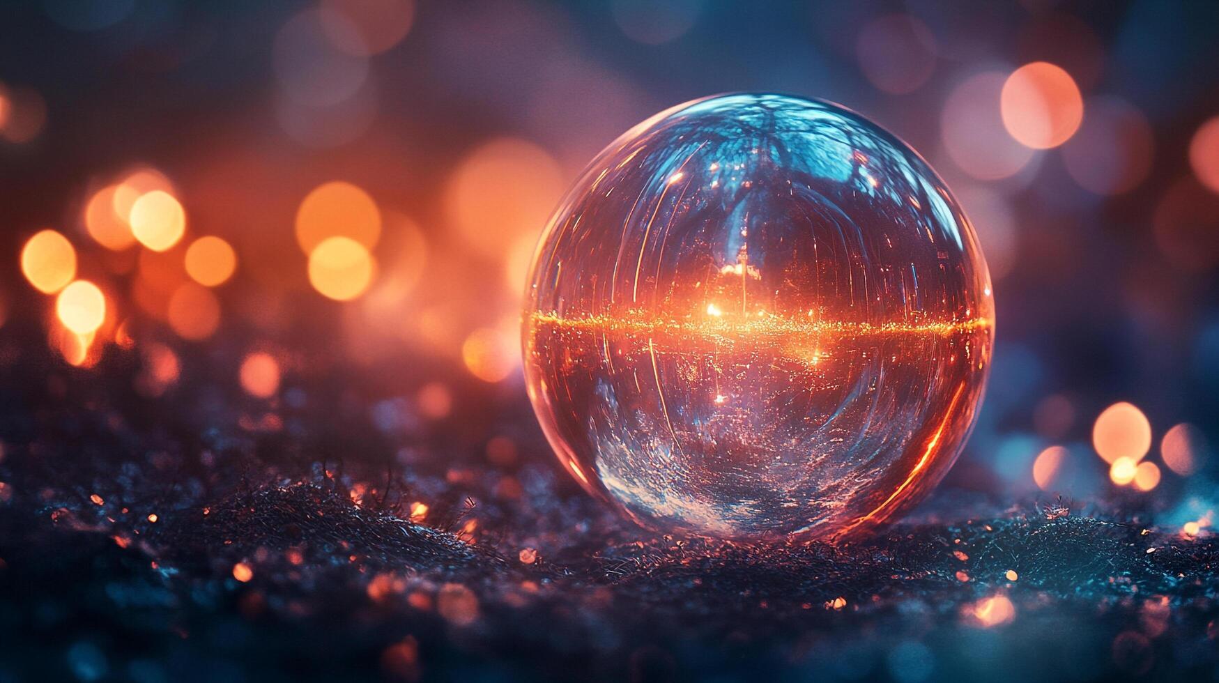 Reflective orb amidst vibrant bokeh lights, an ethereal glow permeates a dreamy composition, captivating viewers with its abstract elegance. photo
