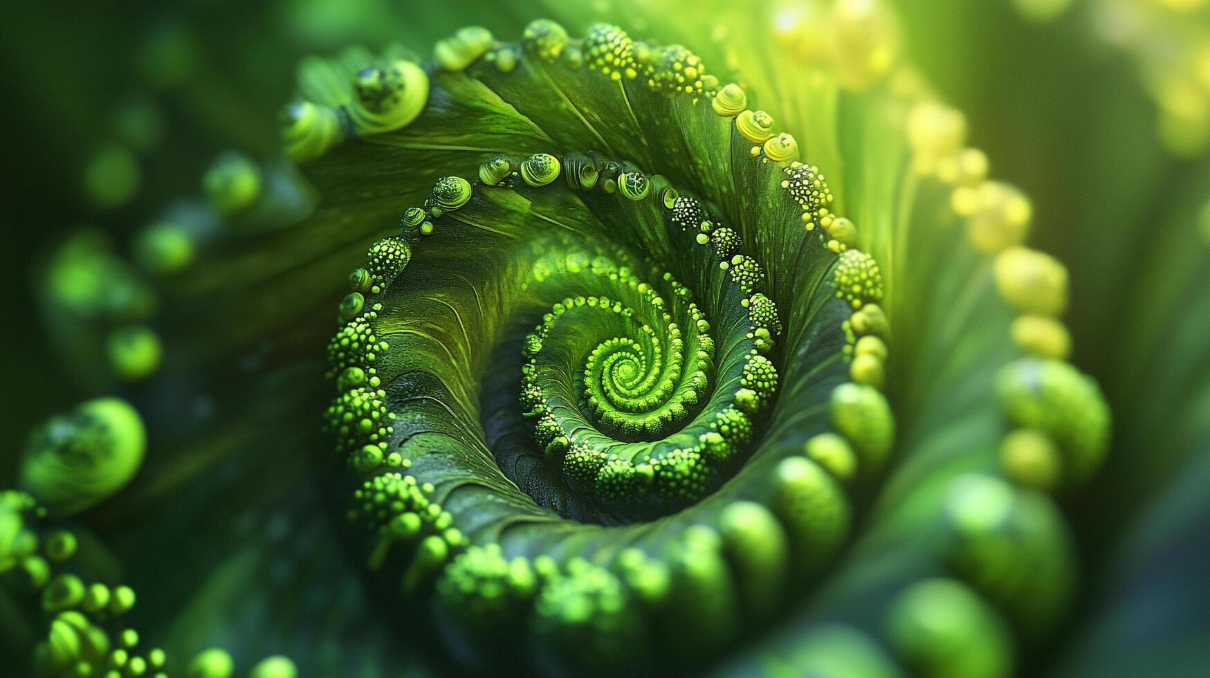 Intricate green spiral with fractal pattern creates a mesmerizing optical illusion, drawing the eye to its center. photo