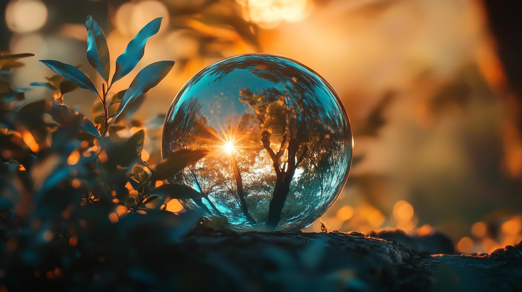 Crystal ball reflecting sunlight through trees, surrounded by leaves, captures nature's essence in a mesmerizing and delicate scene. photo