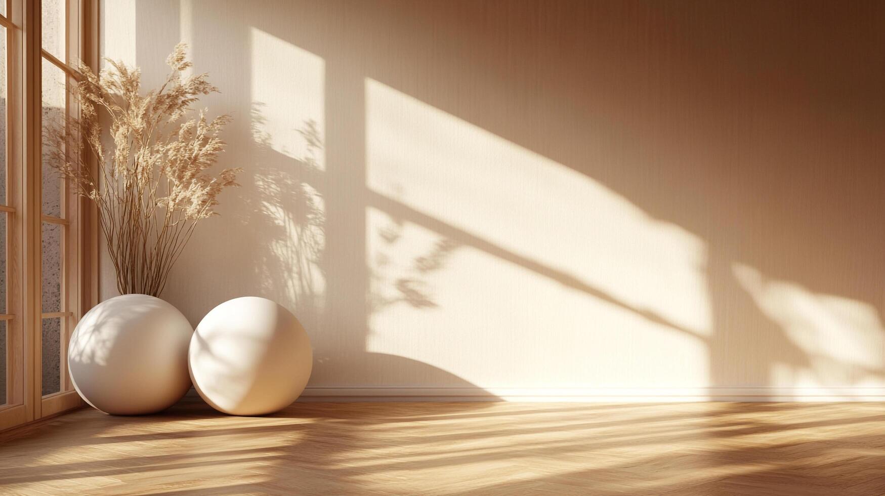Sunlit room featuring two round vases filled with dried plants, casting shadows on the wall and wooden floor. Serene, minimalist interior design. photo