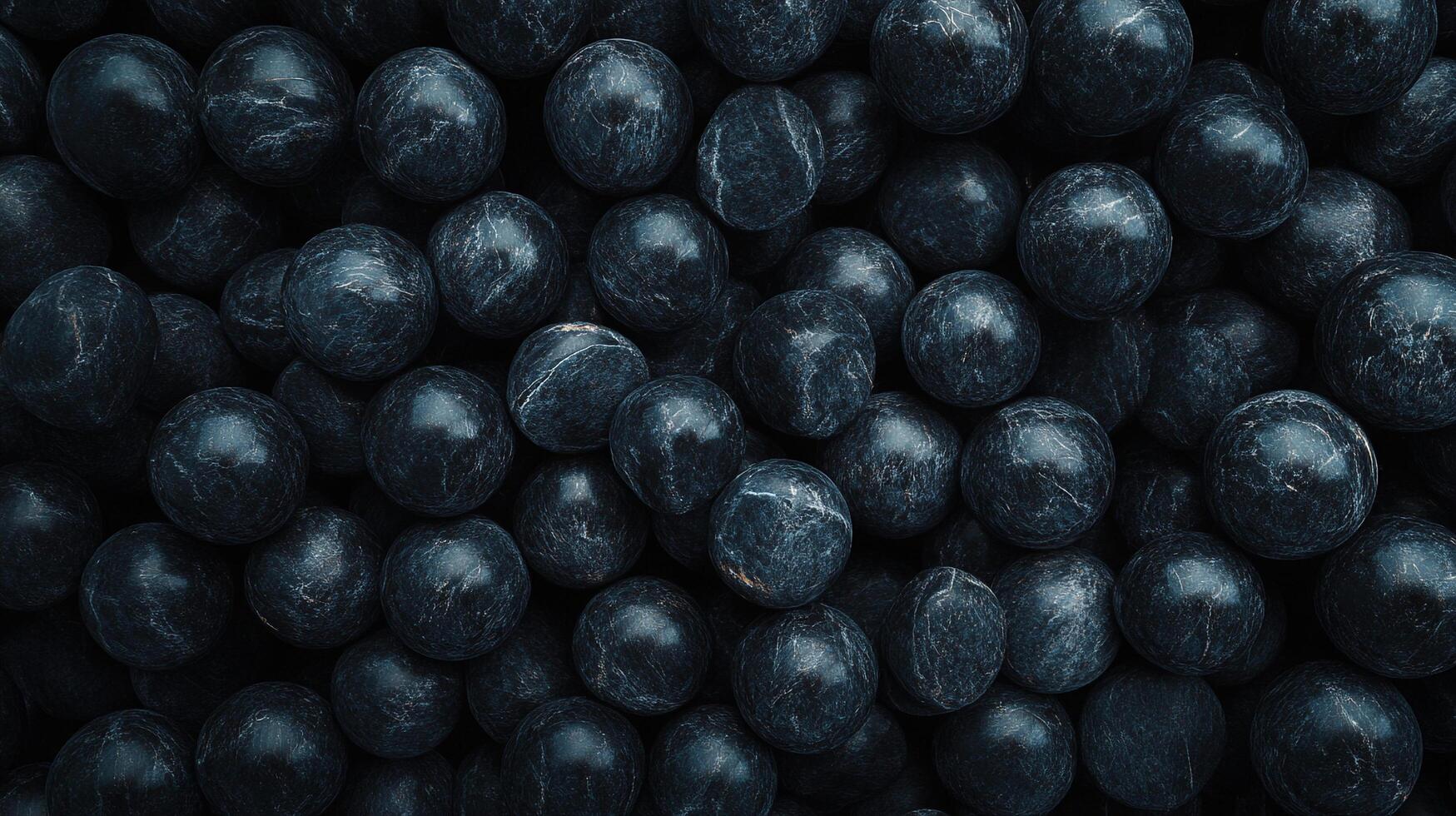 Pile of textured spheres creates a dark, geometric landscape. Smooth forms with slight color variations and patterns fill the view. photo