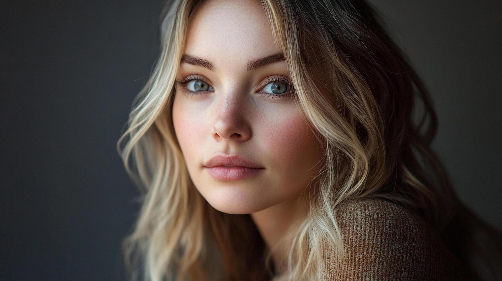 Portrait of a captivating young woman with blonde wavy hair. She has striking green eyes and soft, natural makeup for a lovely appearance. photo