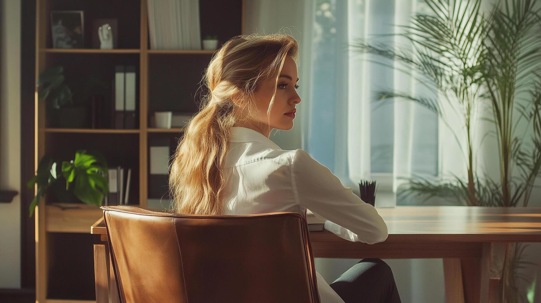 Contemplative woman with blonde hair sits at a desk in sunlit office, looking towards the window with a serene expression. photo