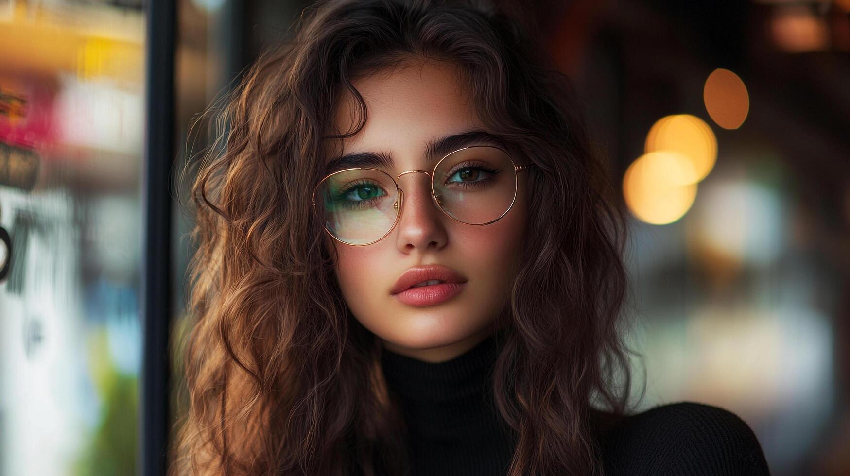 Portrait of a stylish young woman with curly hair and glasses, looking directly at the camera with a confident and engaging expression. photo