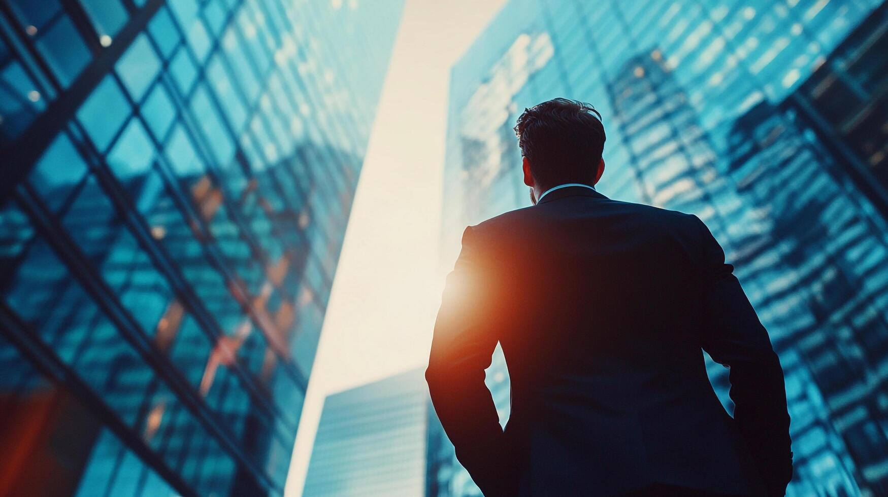 A businessman gazes up at modern office buildings. The buildings reflect the sky. The future is bright. photo